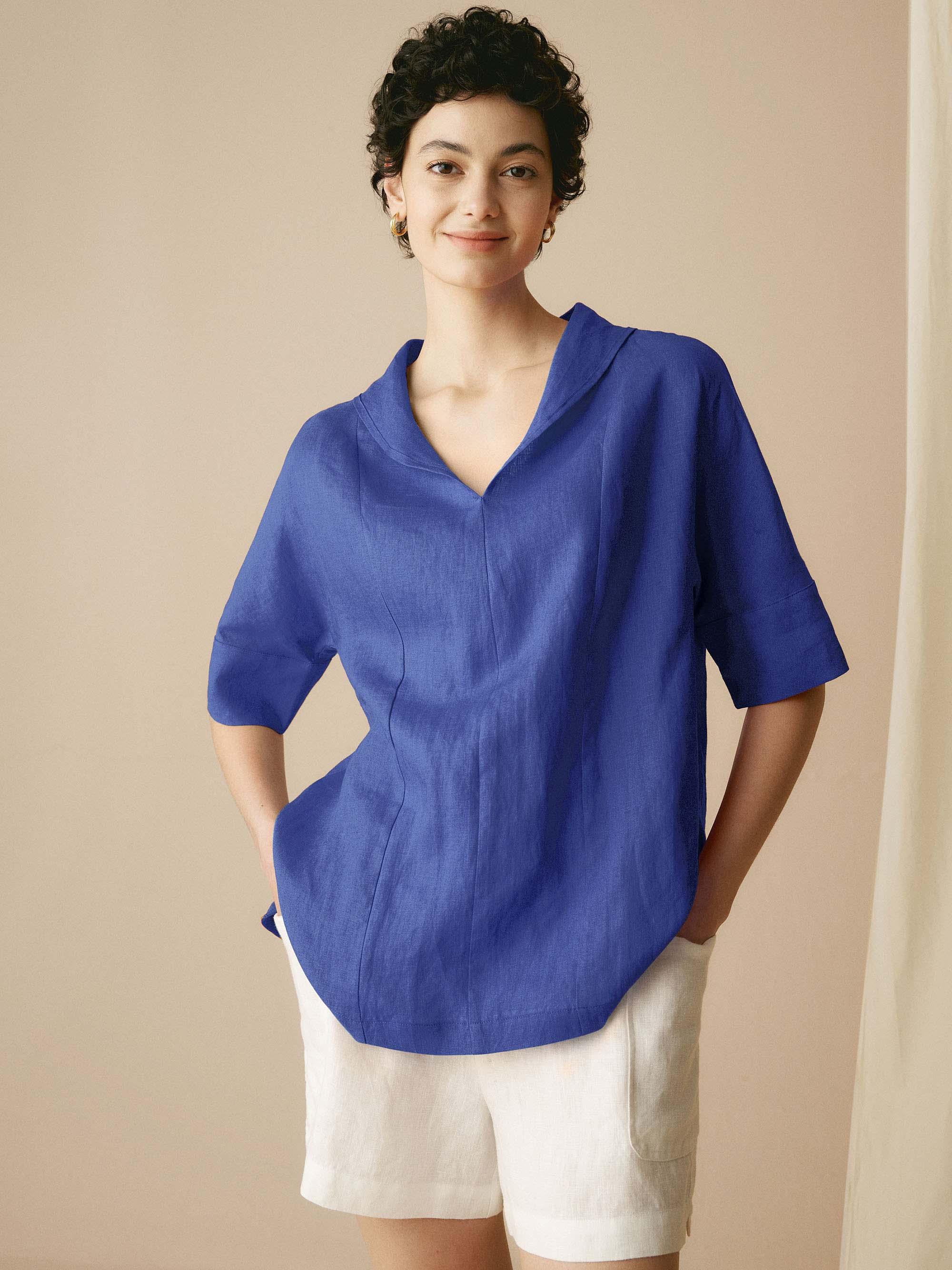 100% Linen V-Neck Short Sleeve Shirt SIERRA - Royal Blue / XS - TOPS-Linen Blouses
