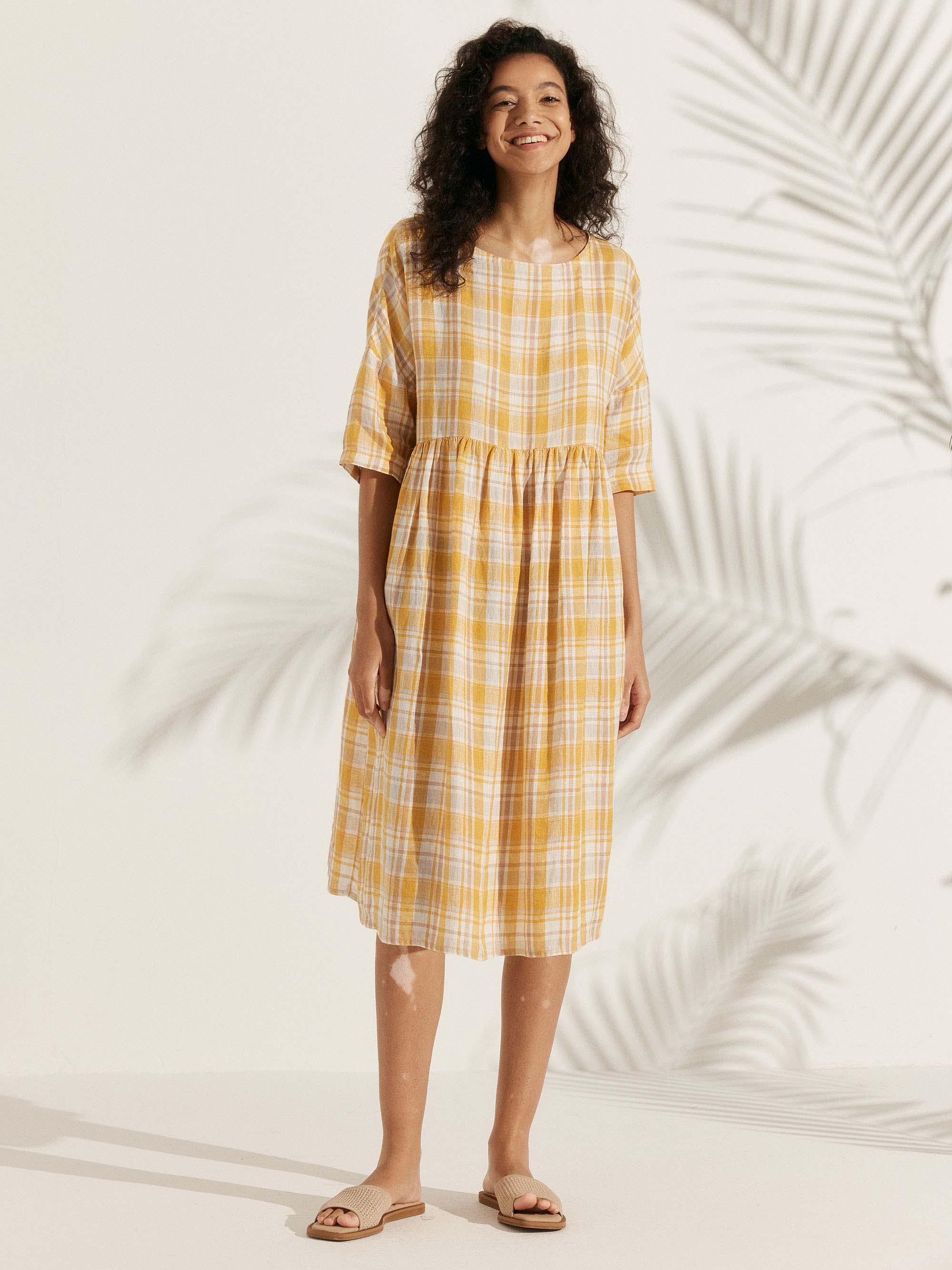 100% Linen A-Line Midi Dress VALENCIA - Honey Check / S - DRESSES-Linen