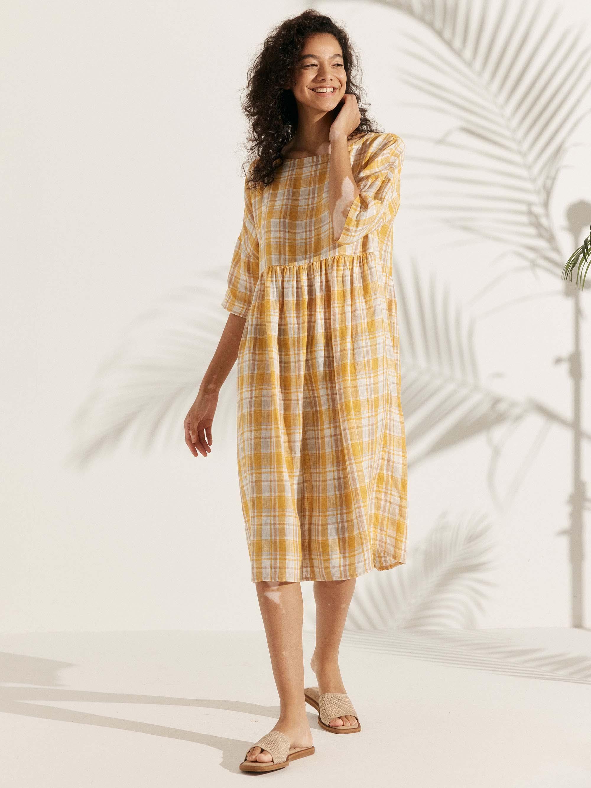 100% Linen A-Line Midi Dress VALENCIA - DRESSES-Linen