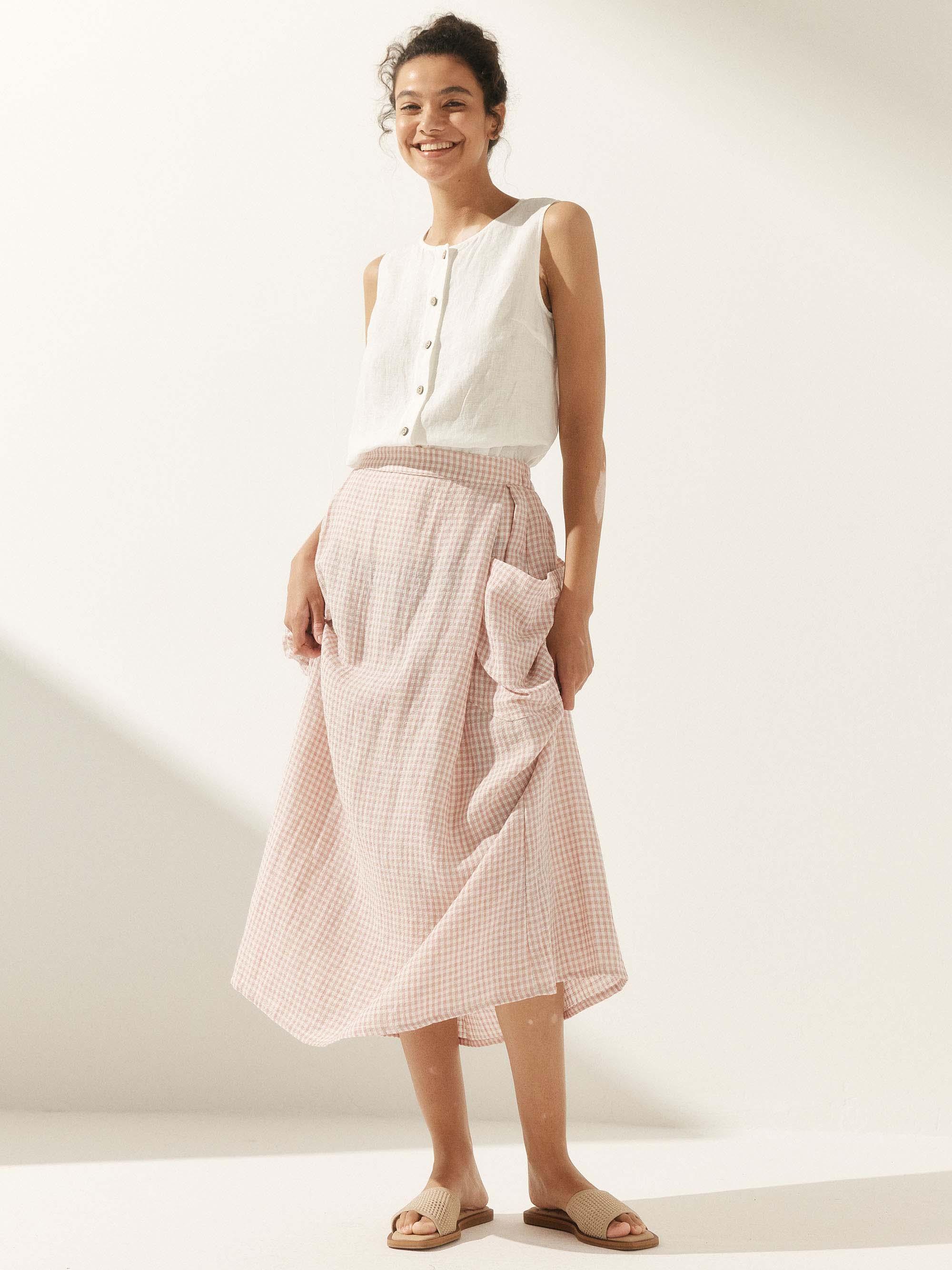 Linen Checked Elastic Waist Skirt - bottoms