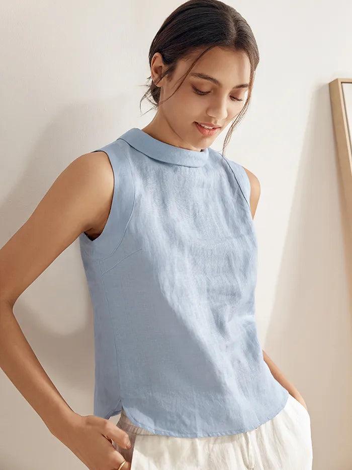 100% Linen Draped Collar Tank Top JACQUELINE - Ice Blue / S - TOPS-Linen Tanks
