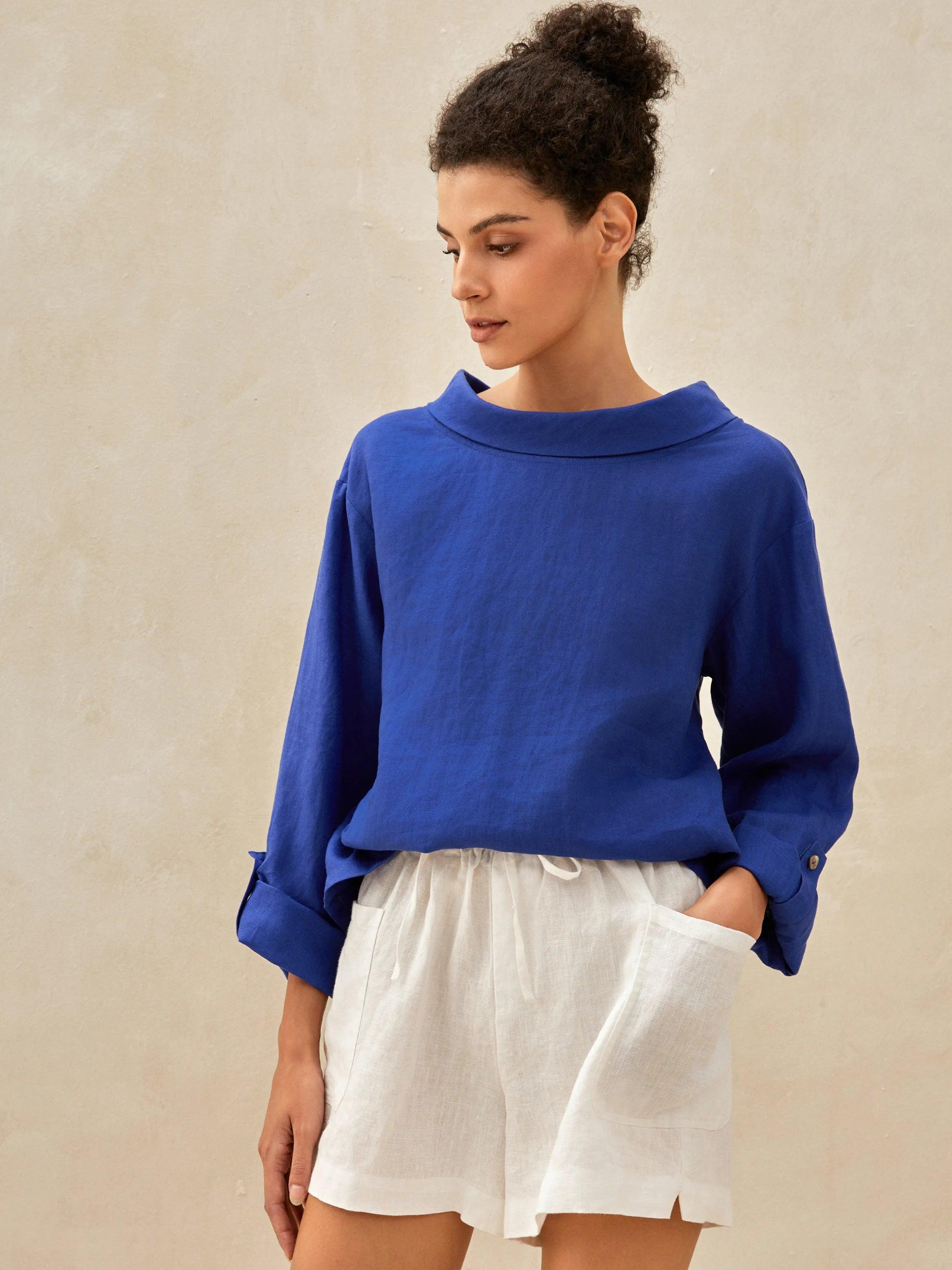 100% Linen Draped Neck Top HOLLIS - TOPS-Linen Blouses