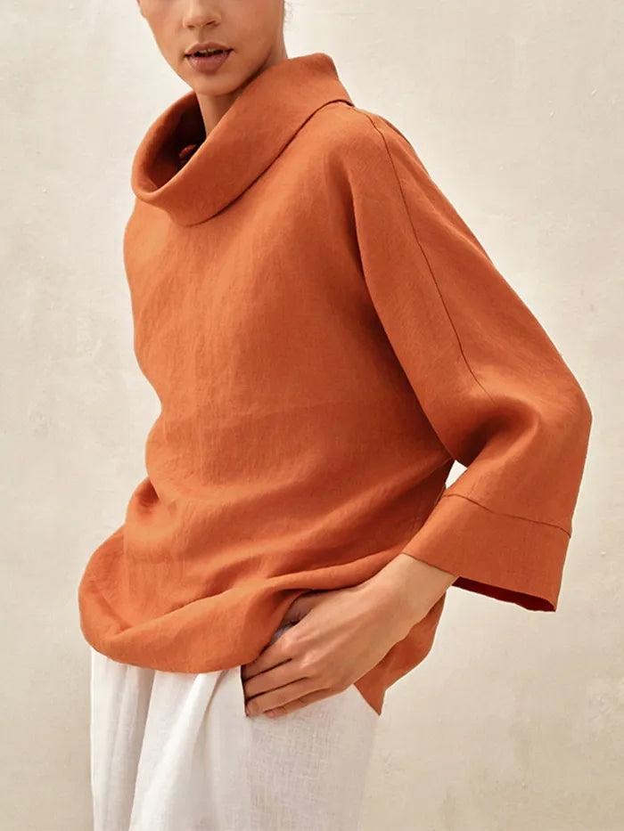 Linen-Cotton Dropped Collar Long-Sleeve Top TRISTAN - TOPS-Linen Blouses