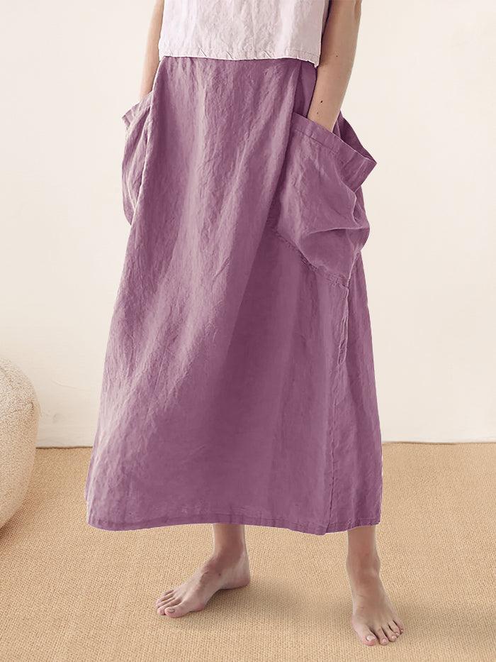 Linen Checked Elastic Waist Skirt - Dusty Lavender / S - bottoms