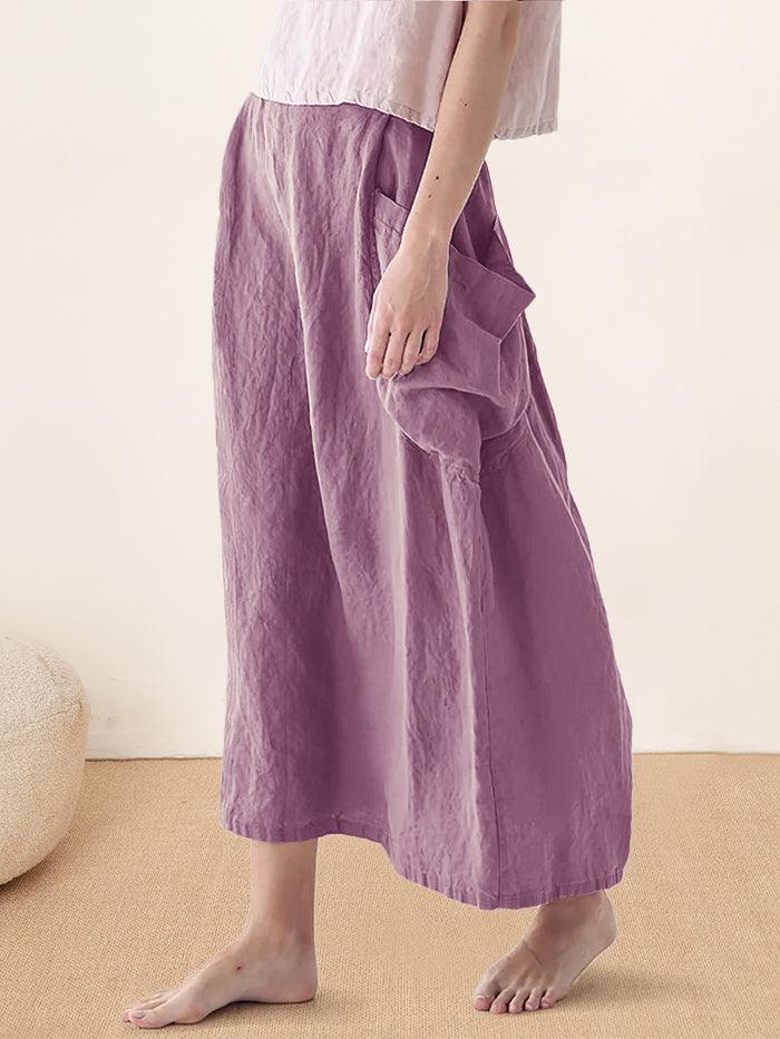 Linen Checked Elastic Waist Skirt - bottoms