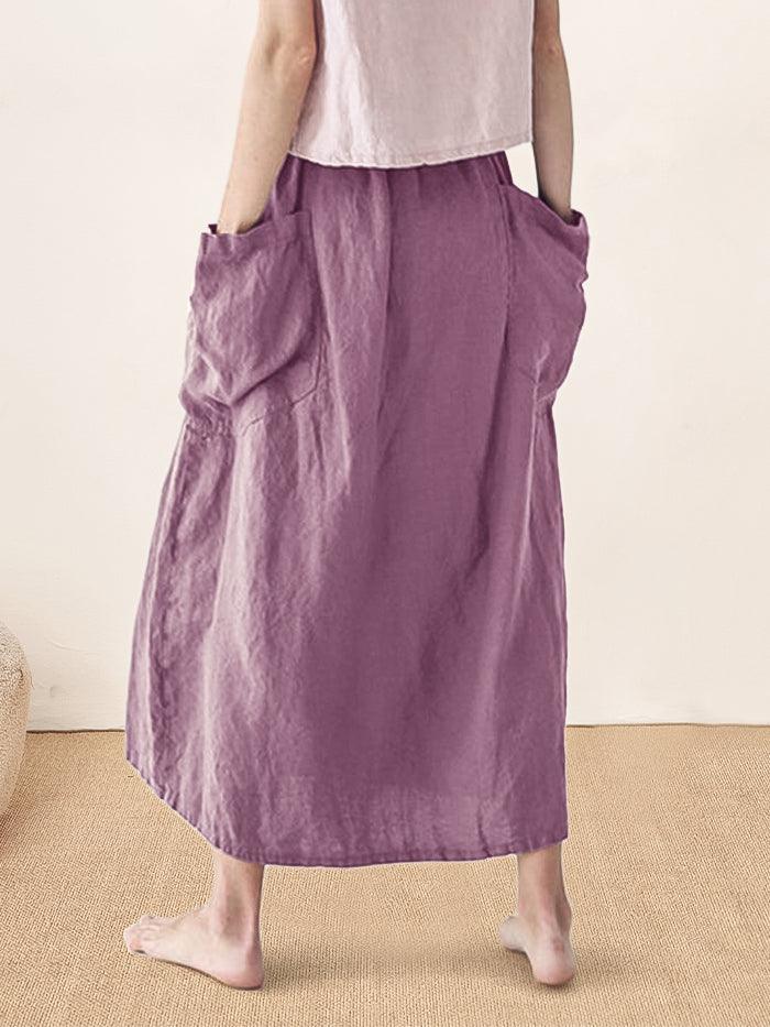 Linen Checked Elastic Waist Skirt - bottoms