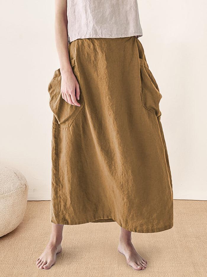 Linen Checked Elastic Waist Skirt - Mustard / S - bottoms