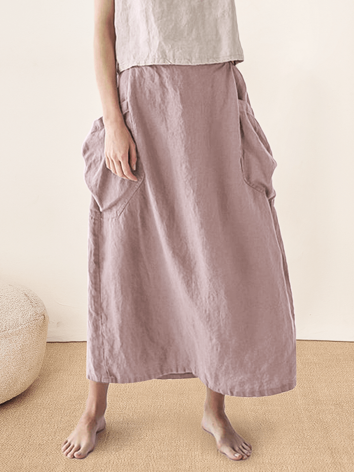 Linen Checked Elastic Waist Skirt - bottoms