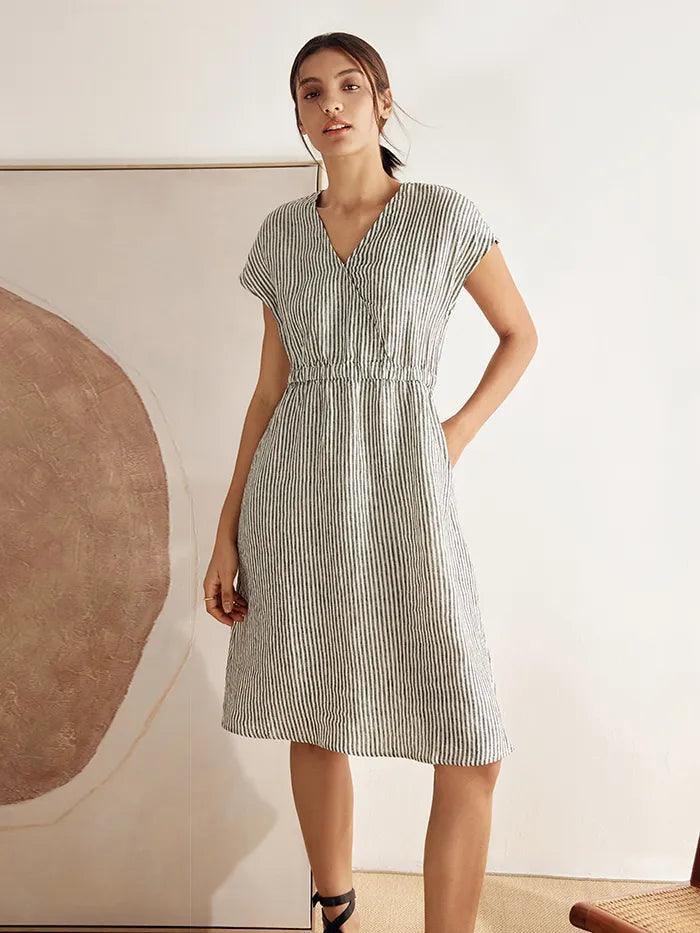 100% Linen Striped Elastic-Waist Midi Dress ARIA - Black Stripe / S - DRESSES-Linen