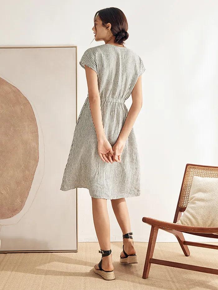 100% Linen Striped Elastic-Waist Midi Dress ARIA - DRESSES-Linen