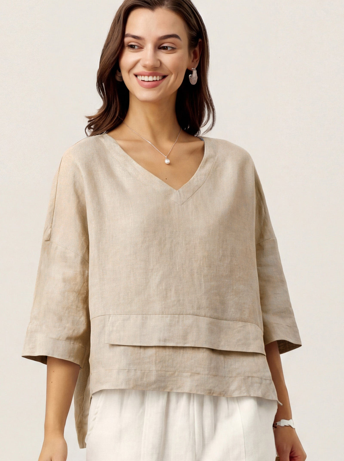 Natural Melange 100% Linen Drop Shoulder Asymmetric Layered Hem Overtop VIOLA by LINTICO