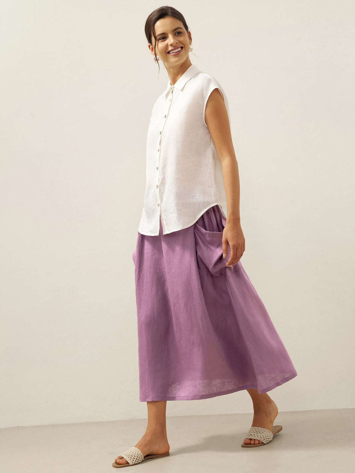 Linen Checked Elastic Waist Skirt MARINA by LINTICO for women