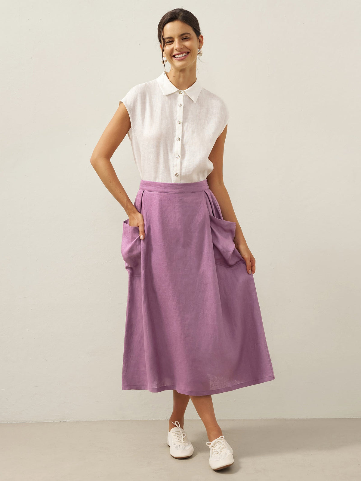 Linen Checked Elastic Waist Skirt MARINA by LINTICO for women