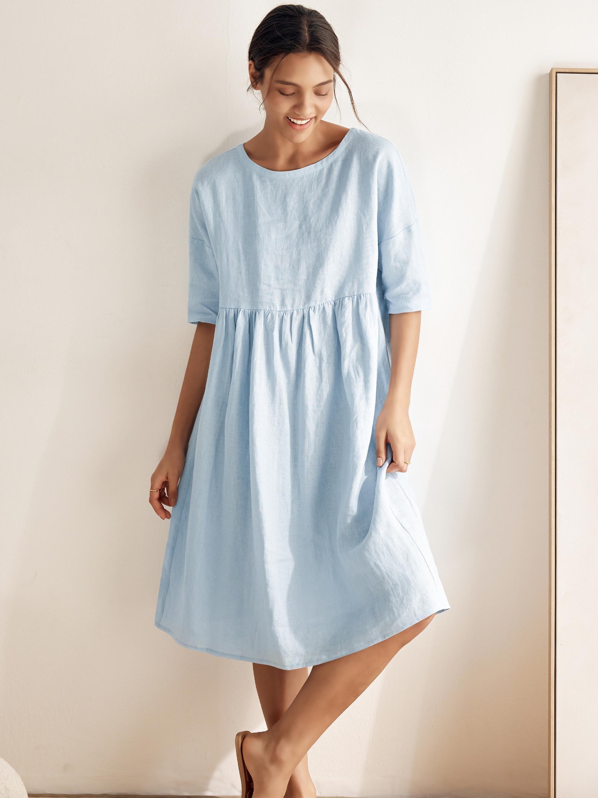 100% Linen A-Line Midi Dress VALENCIA - Baby Blue / S - DRESSES-Linen