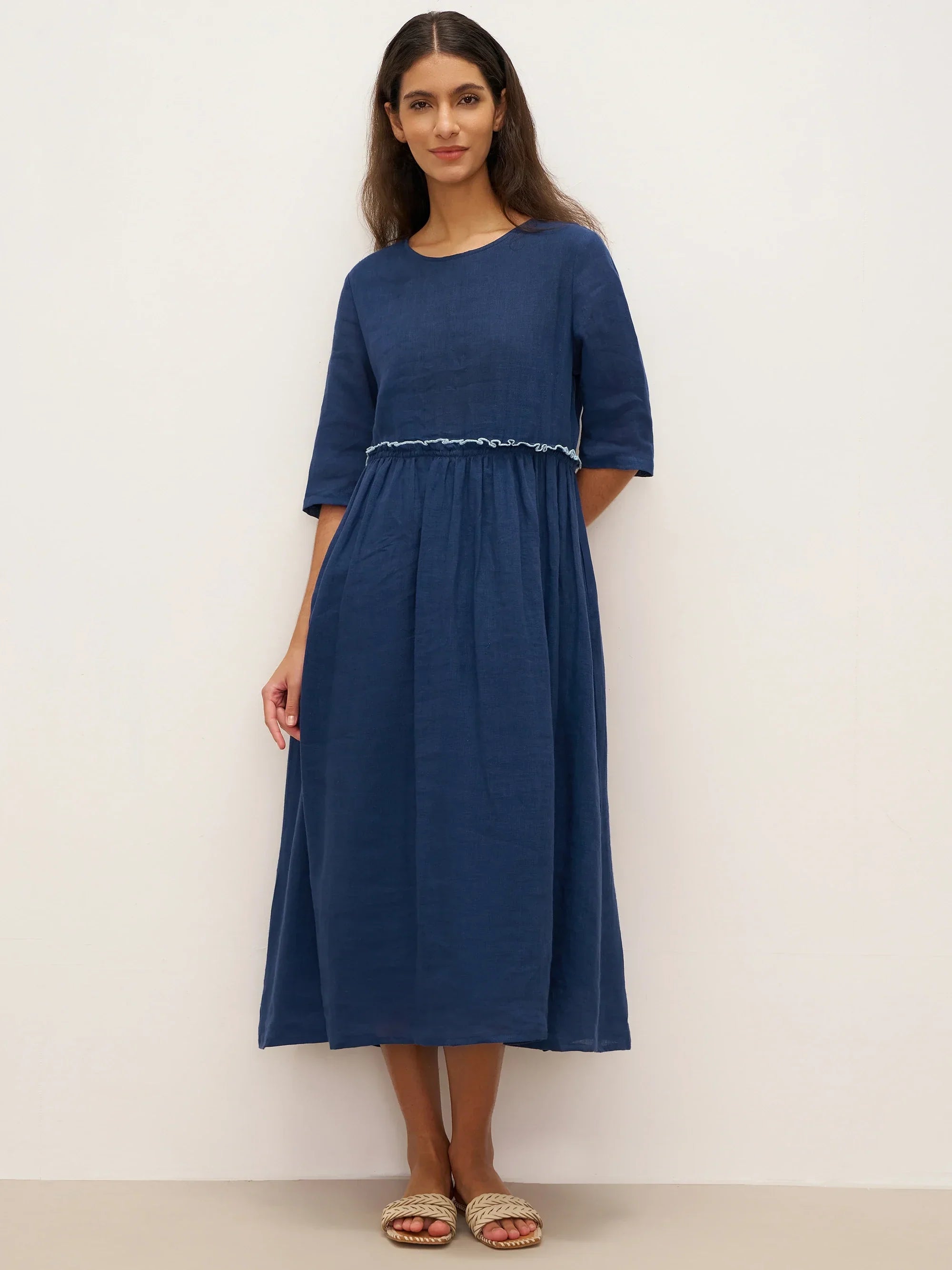 100% Linen Petal-Waist Drawstring Midi Dress JASMINE - Nautical Blue / S - DRESSES-Linen