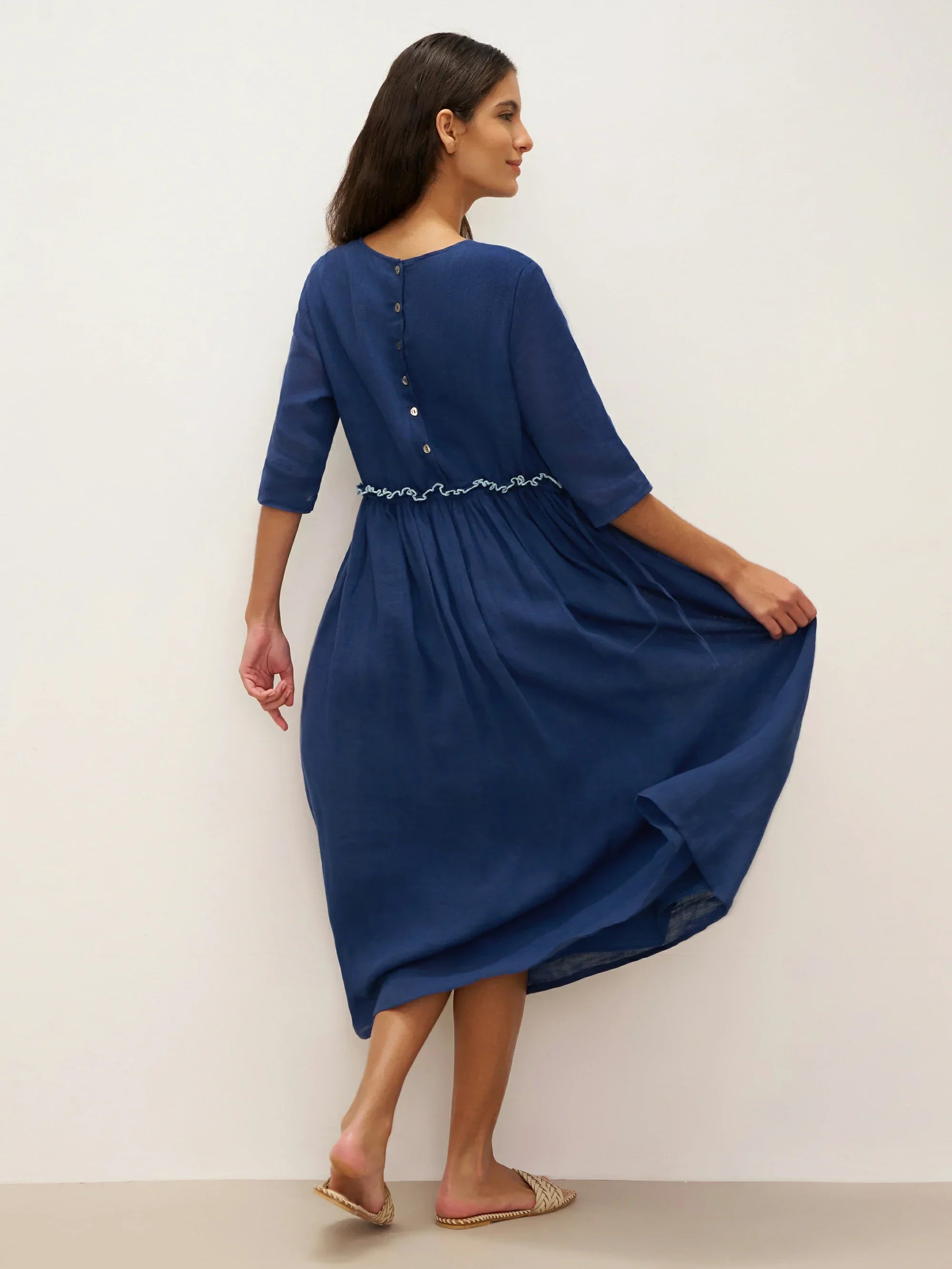 100% Linen Petal-Waist Drawstring Midi Dress JASMINE - DRESSES-Linen