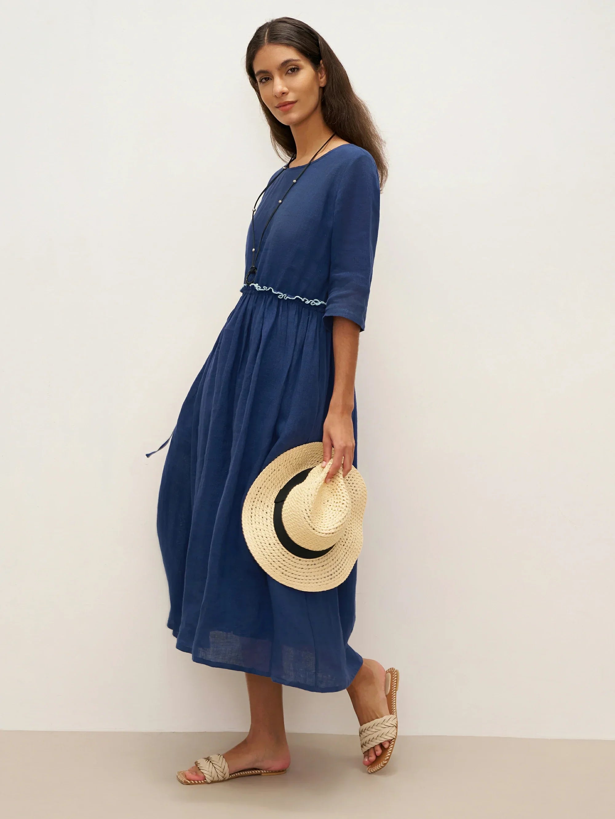 100% Linen Petal-Waist Drawstring Midi Dress JASMINE - DRESSES-Linen