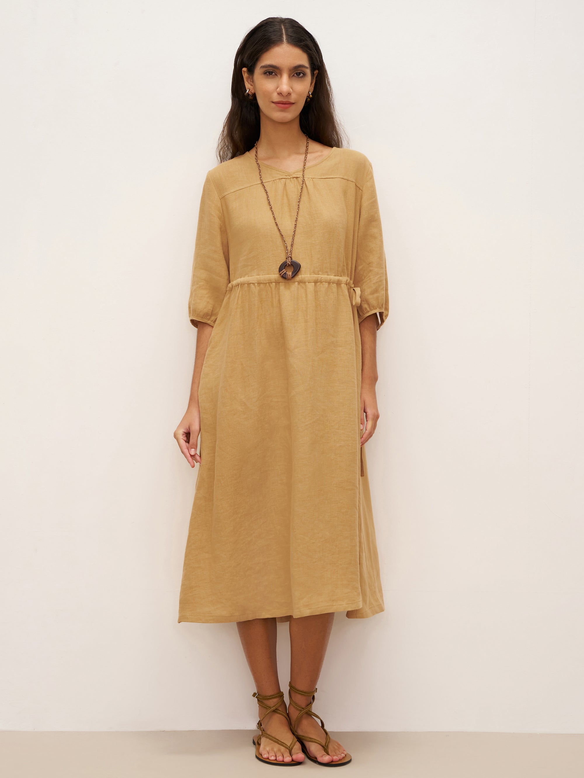 100% Linen A-Line Drawstring Waist Midi Dress DIXIE - Mellow Yellow / S - DRESSES-Linen