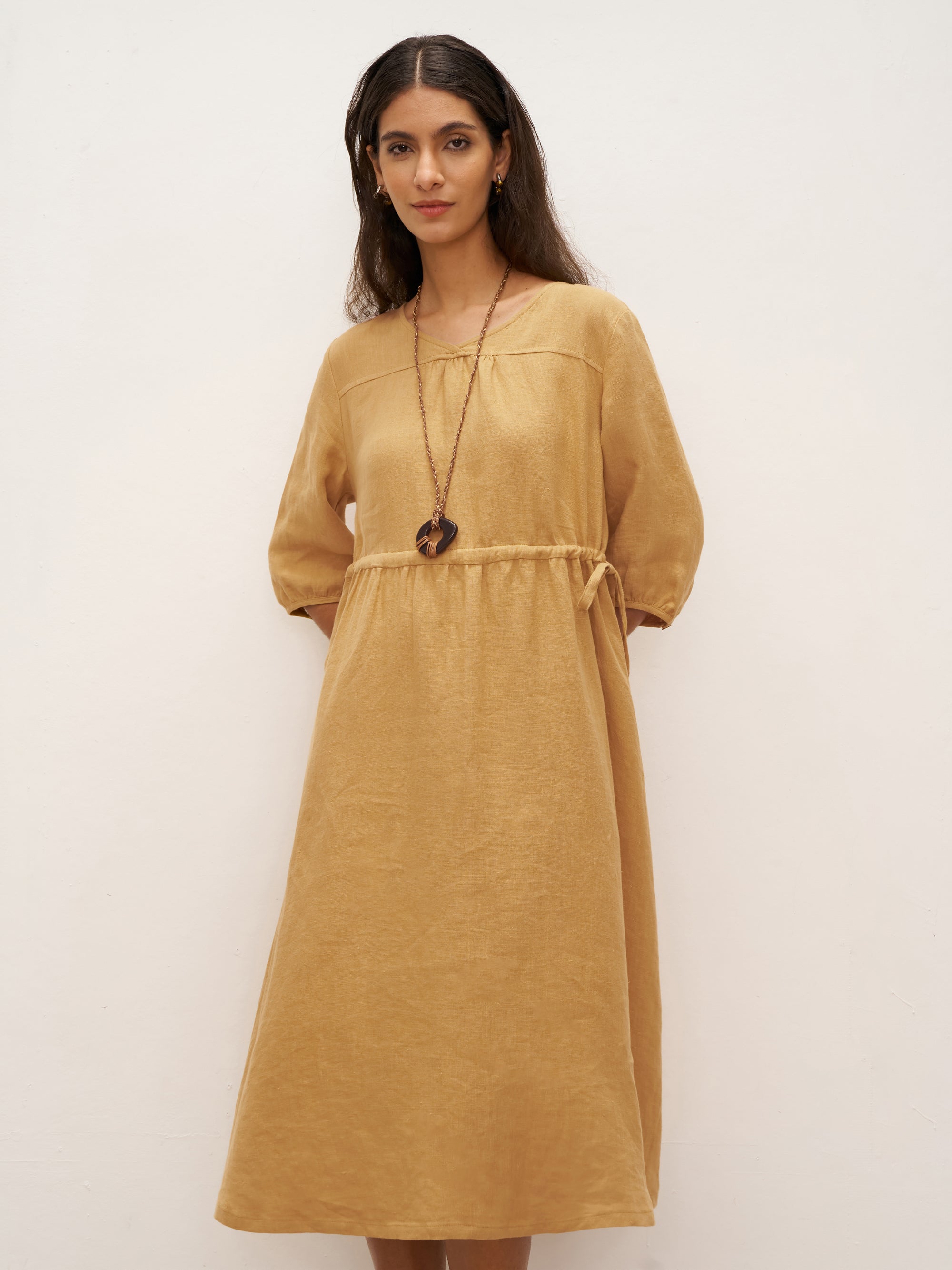 100% Linen A-Line Drawstring Waist Midi Dress DIXIE - DRESSES-Linen