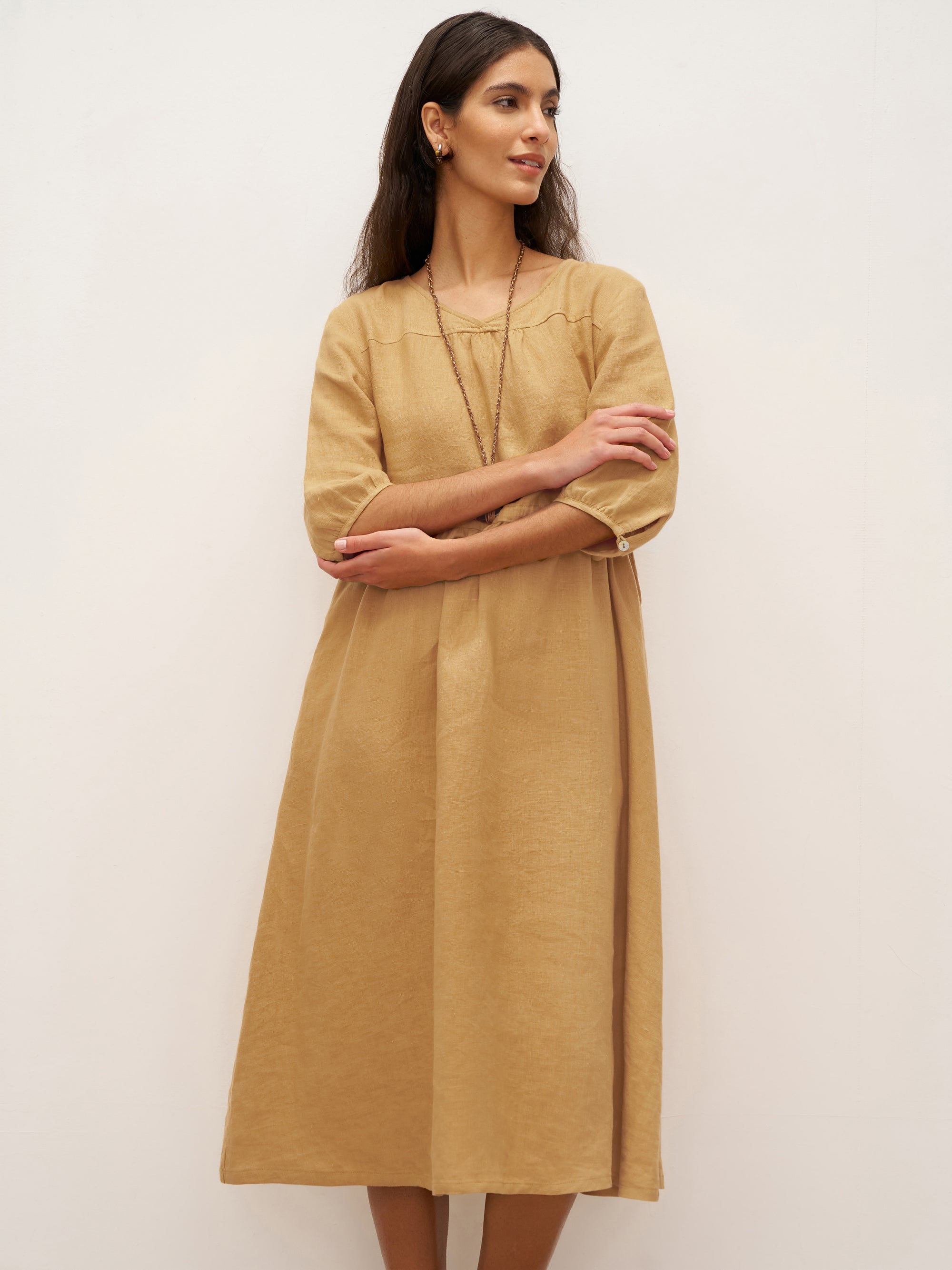 100% Linen A-Line Drawstring Waist Midi Dress DIXIE - DRESSES-Linen