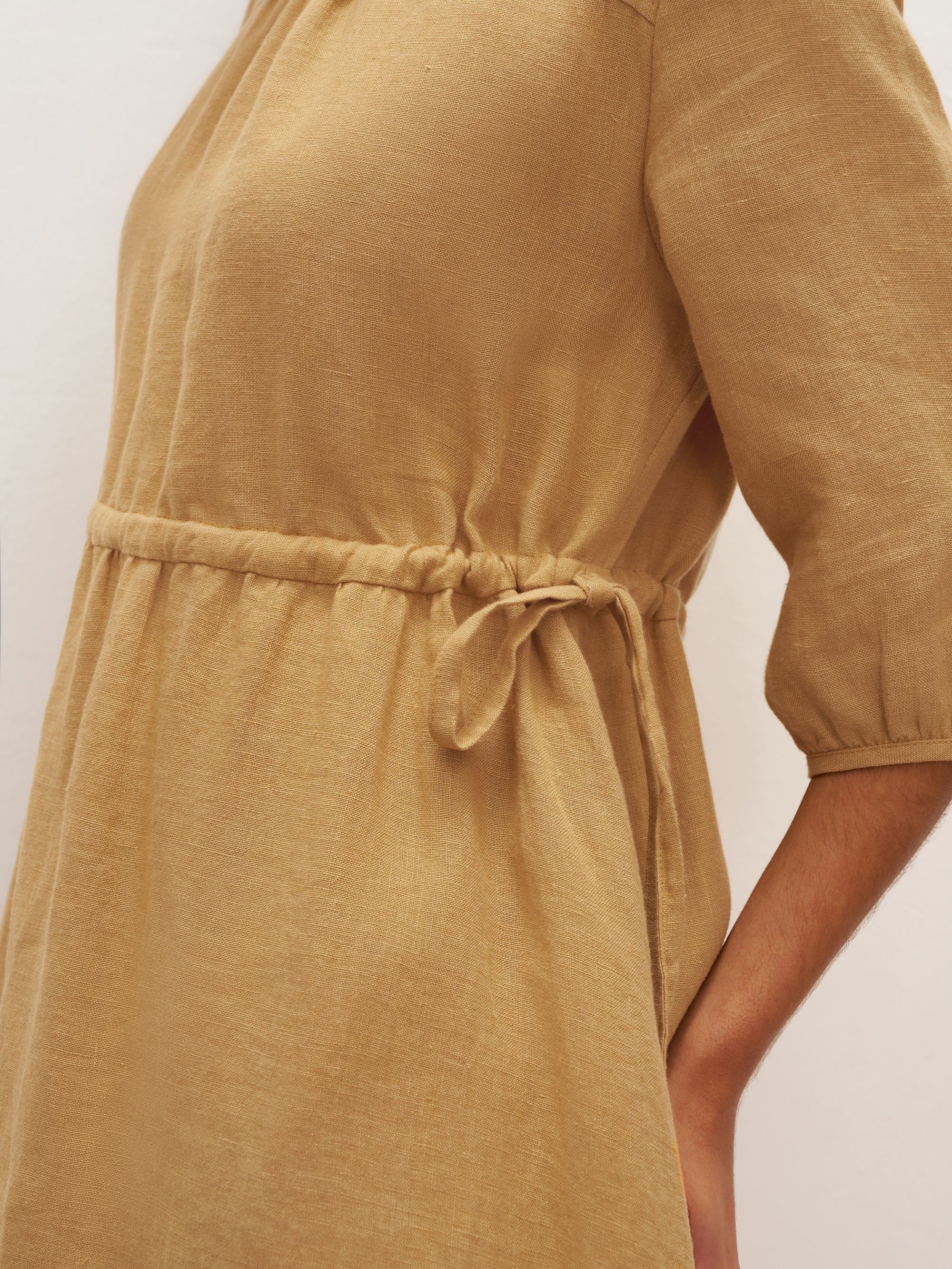 100% Linen A-Line Drawstring Waist Midi Dress DIXIE - DRESSES-Linen