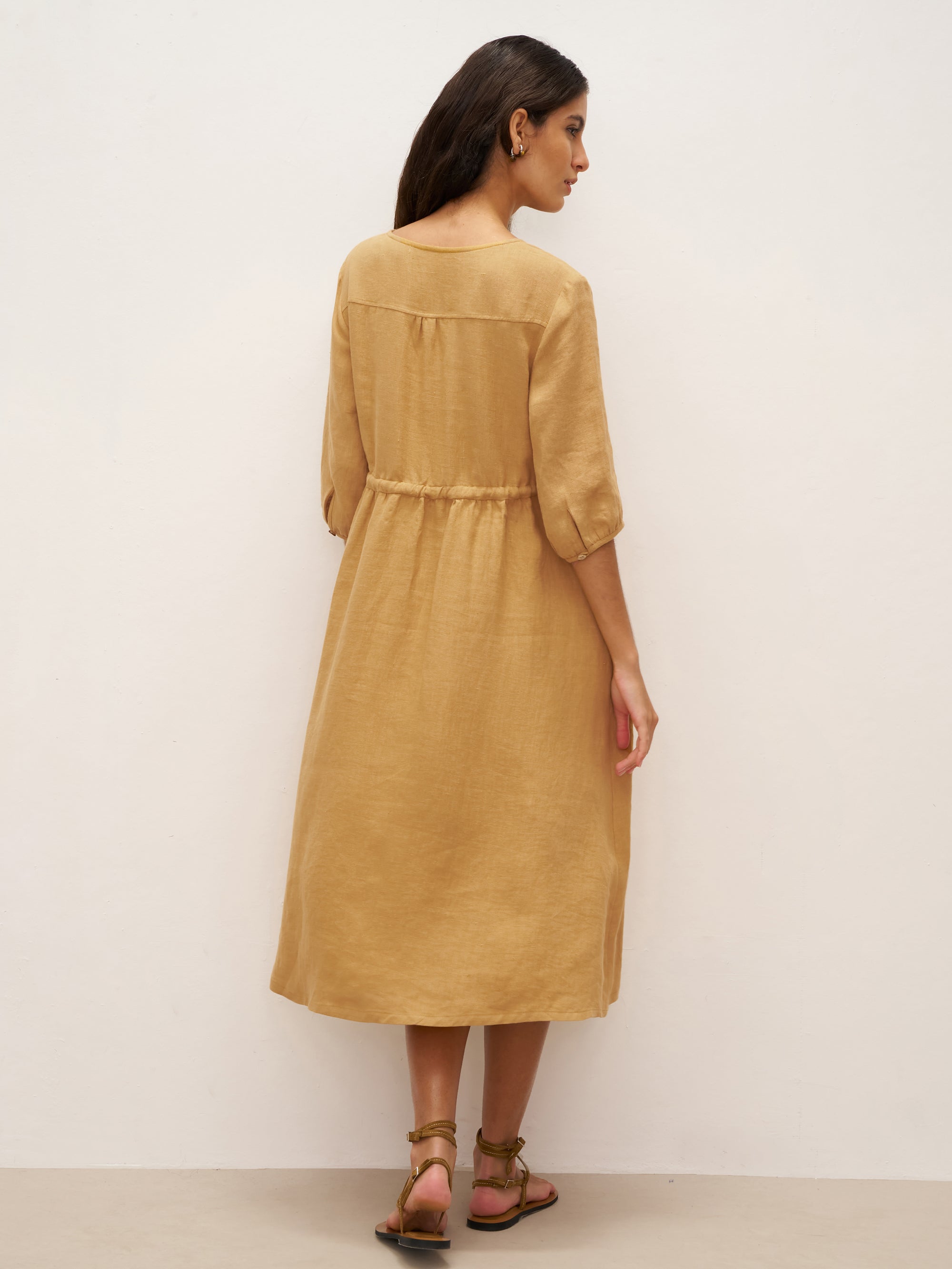 100% Linen A-Line Drawstring Waist Midi Dress DIXIE - DRESSES-Linen