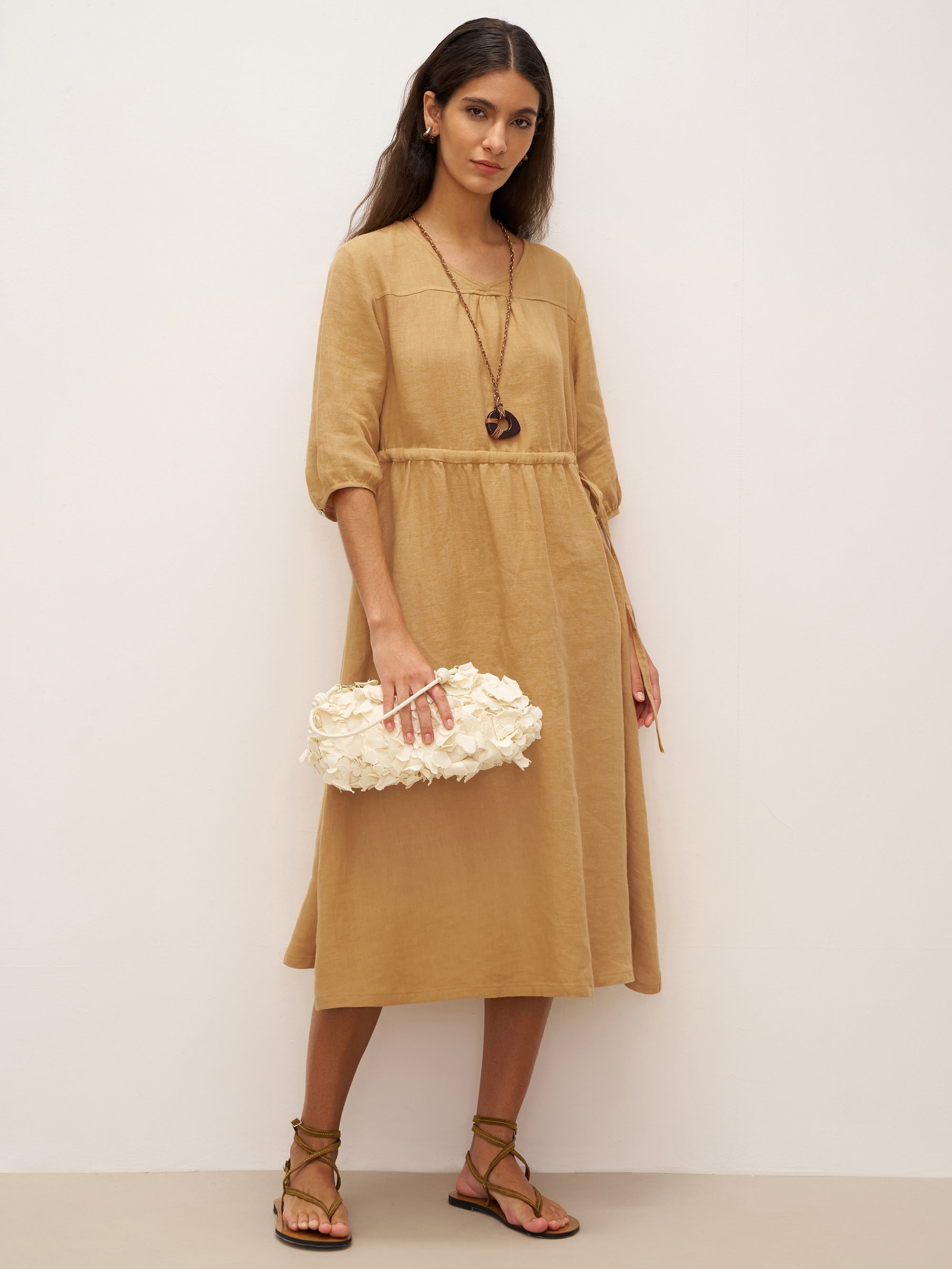 100% Linen A-Line Drawstring Waist Midi Dress DIXIE - DRESSES-Linen