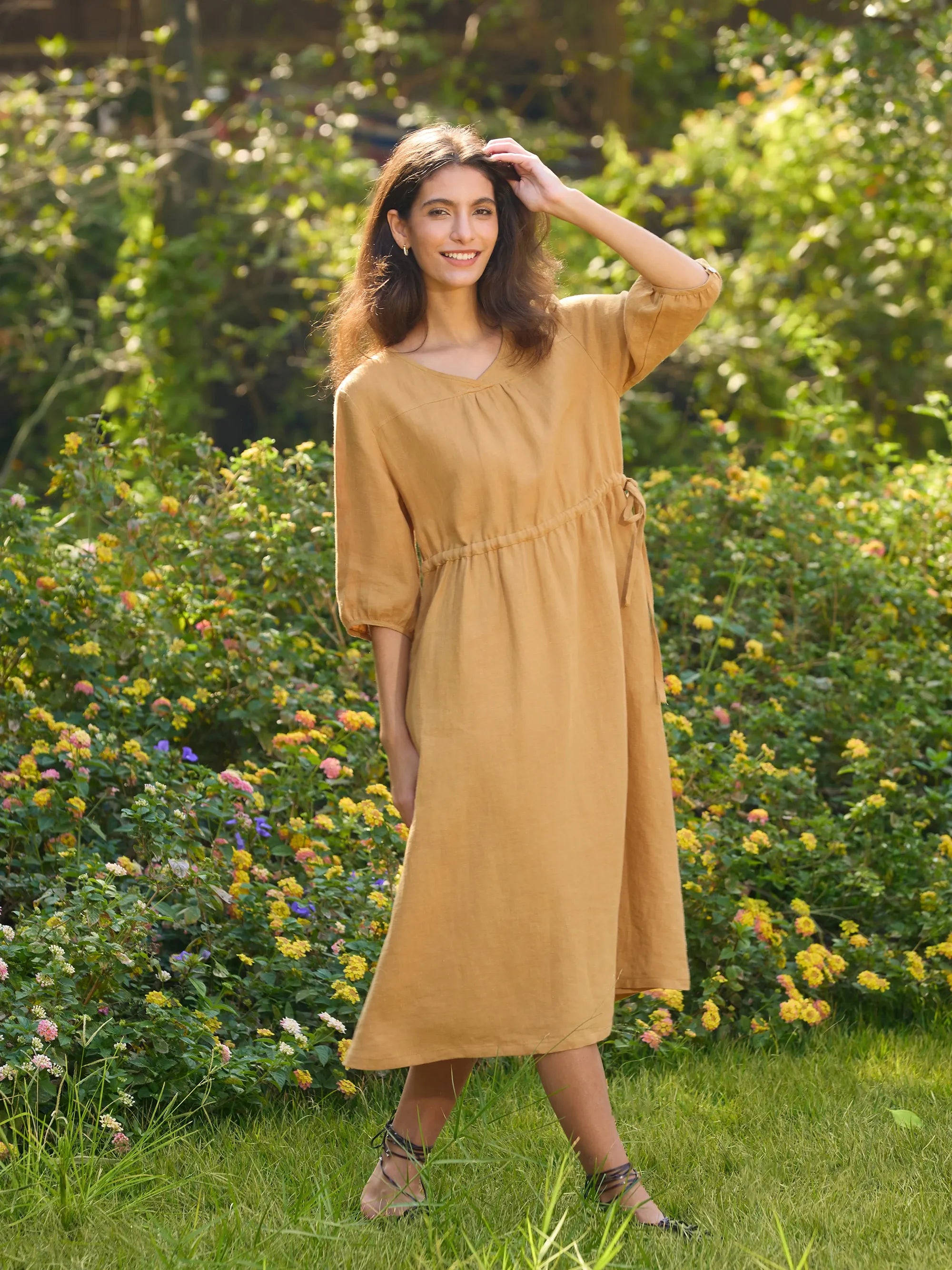 100% Linen A-Line Drawstring Waist Midi Dress DIXIE - DRESSES-Linen