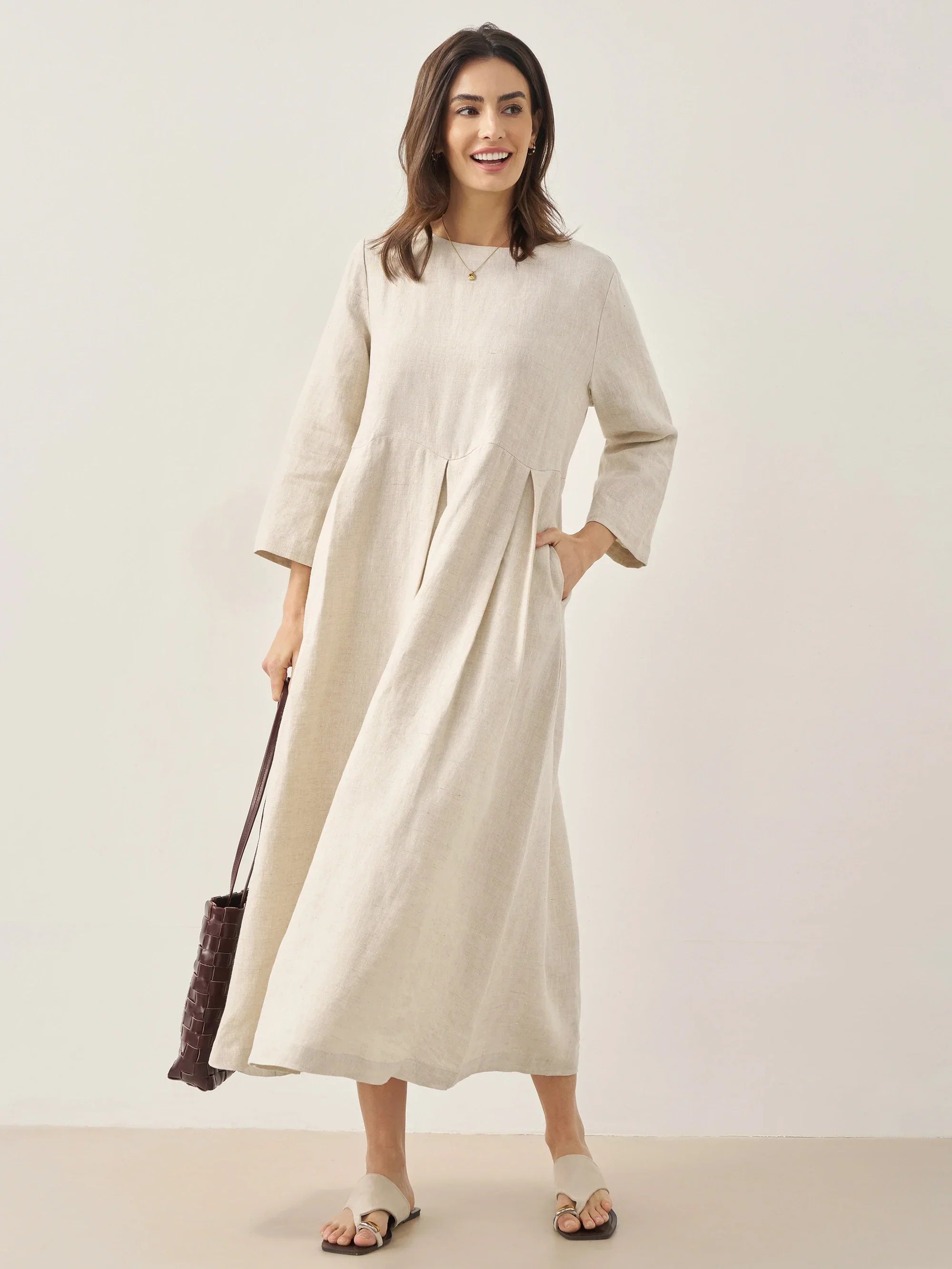 100% Linen Bateau Neck Pleated Maxi Dress - DRESSES-Linen