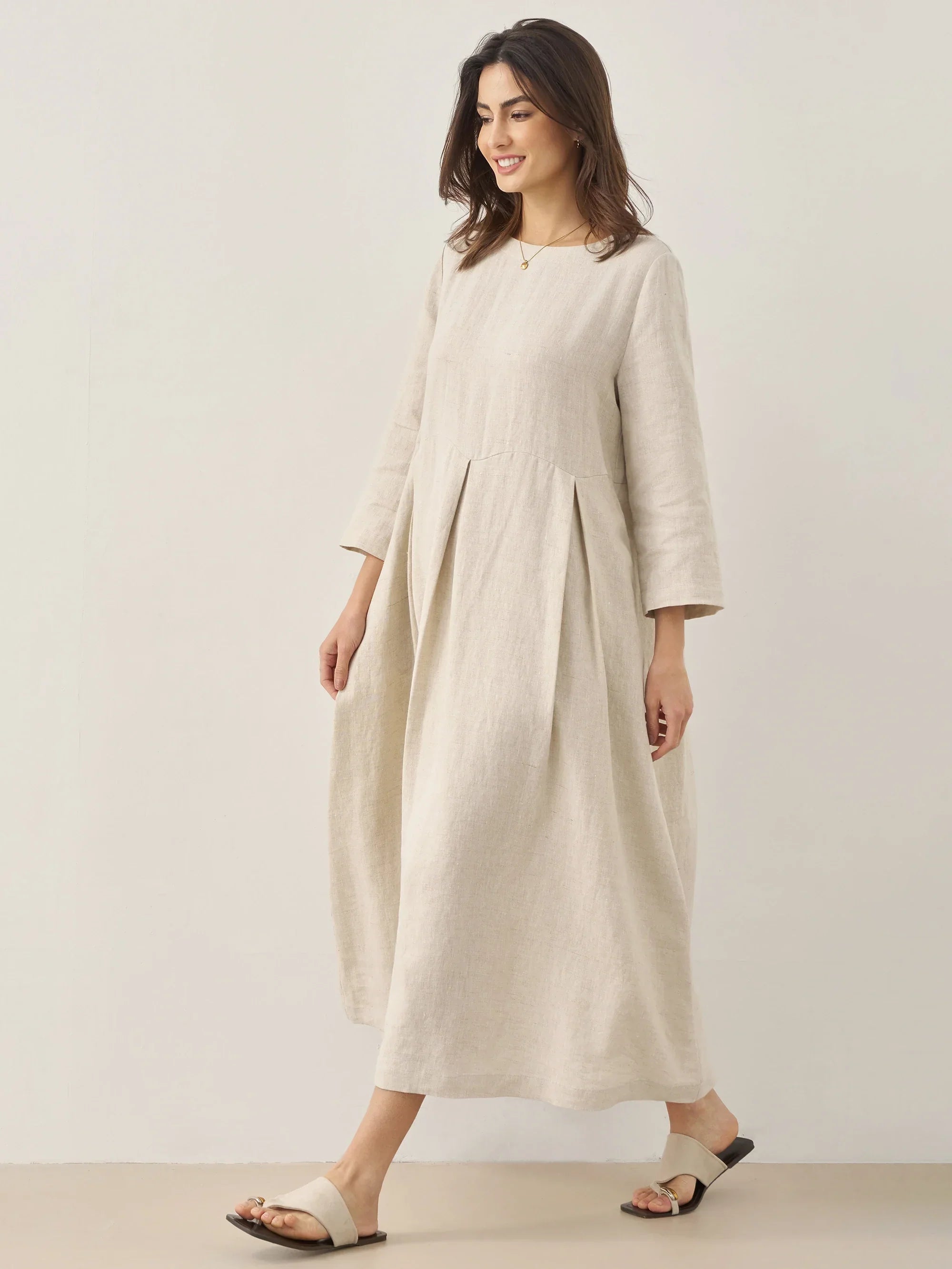 100% Linen Bateau Neck Pleated Maxi Dress - DRESSES-Linen