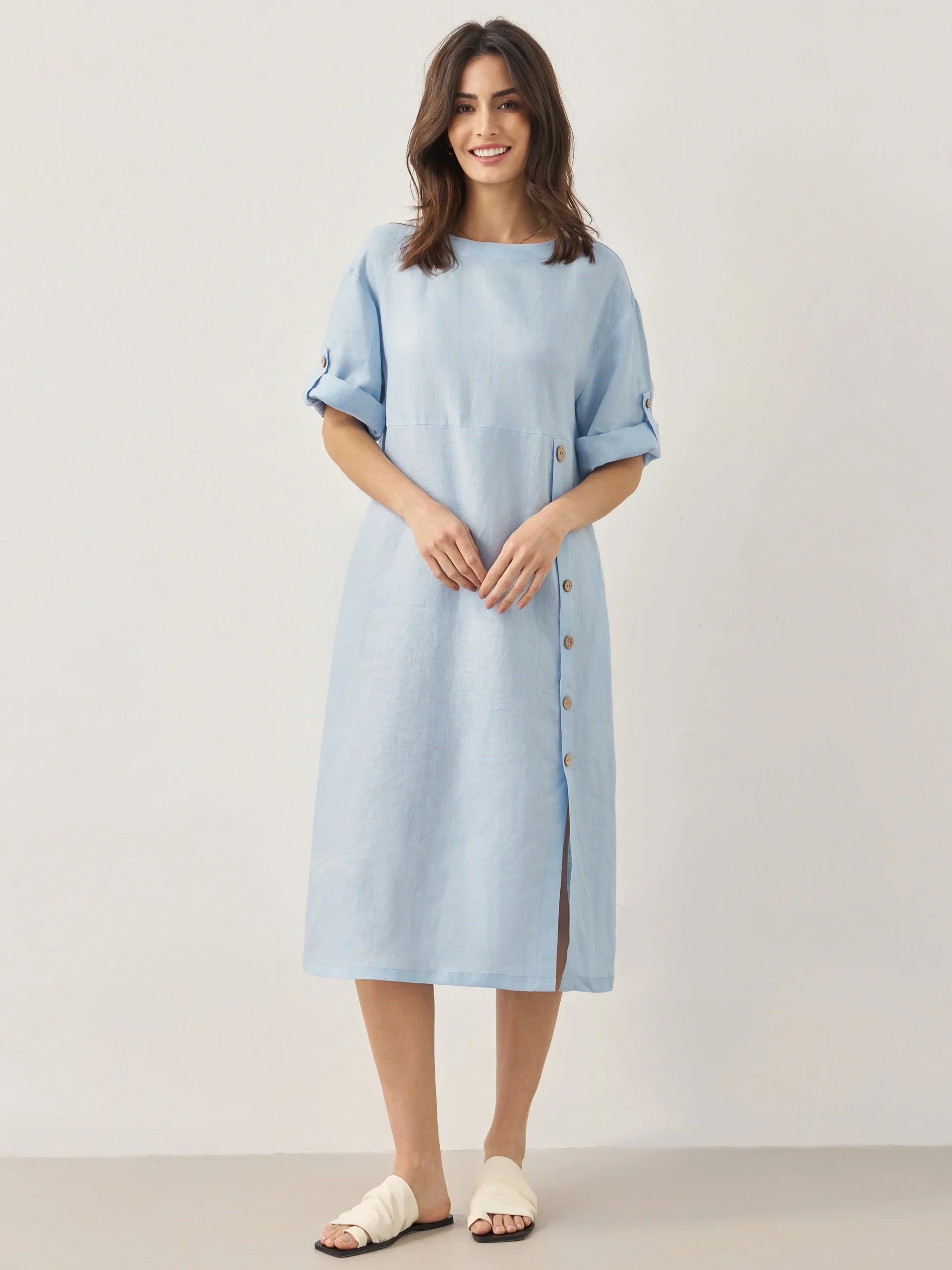 100% Linen Round Neck Button Detail Midi Dress JELENA - DRESSES-Linen