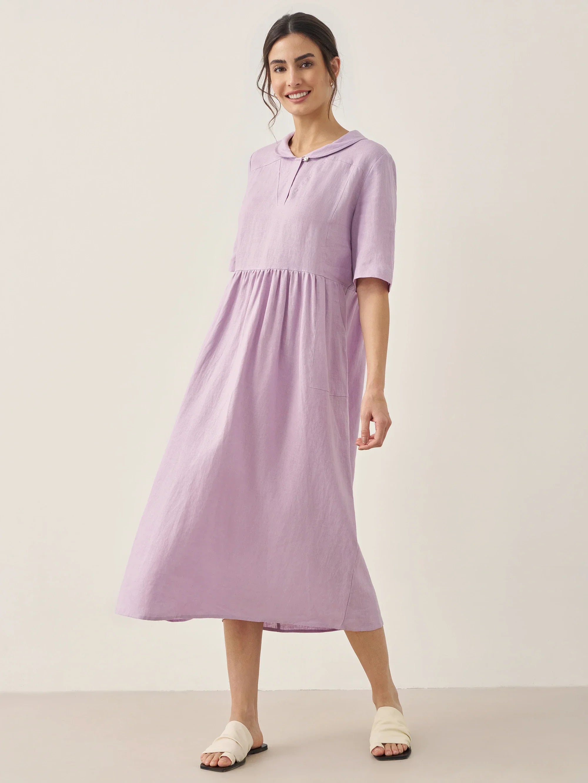 100% Linen Shawl V-Neck Pleated Maxi Dress - DRESSES-Linen