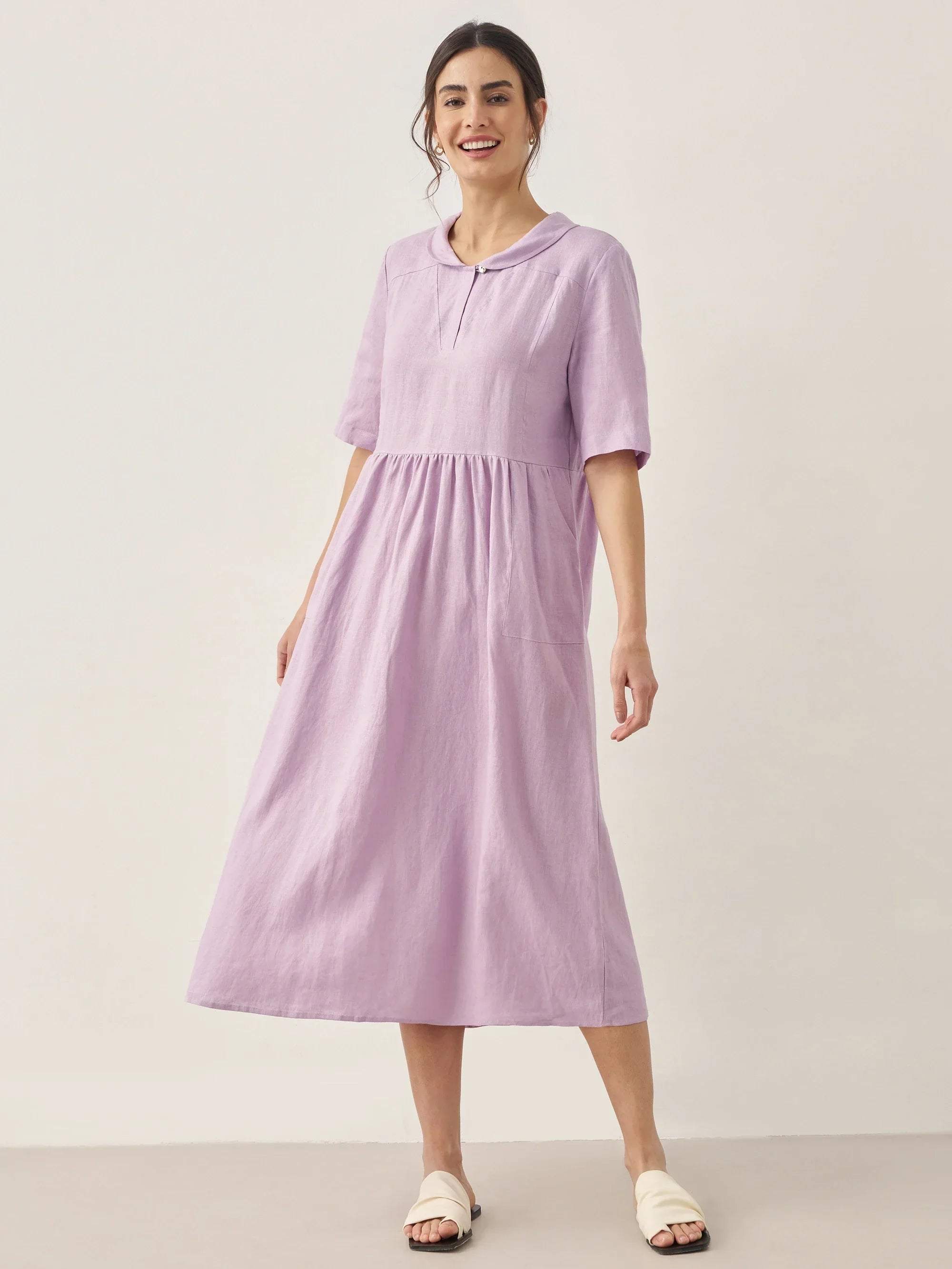 100% Linen Shawl V-Neck Pleated Maxi Dress - Lavender / S - DRESSES-Linen