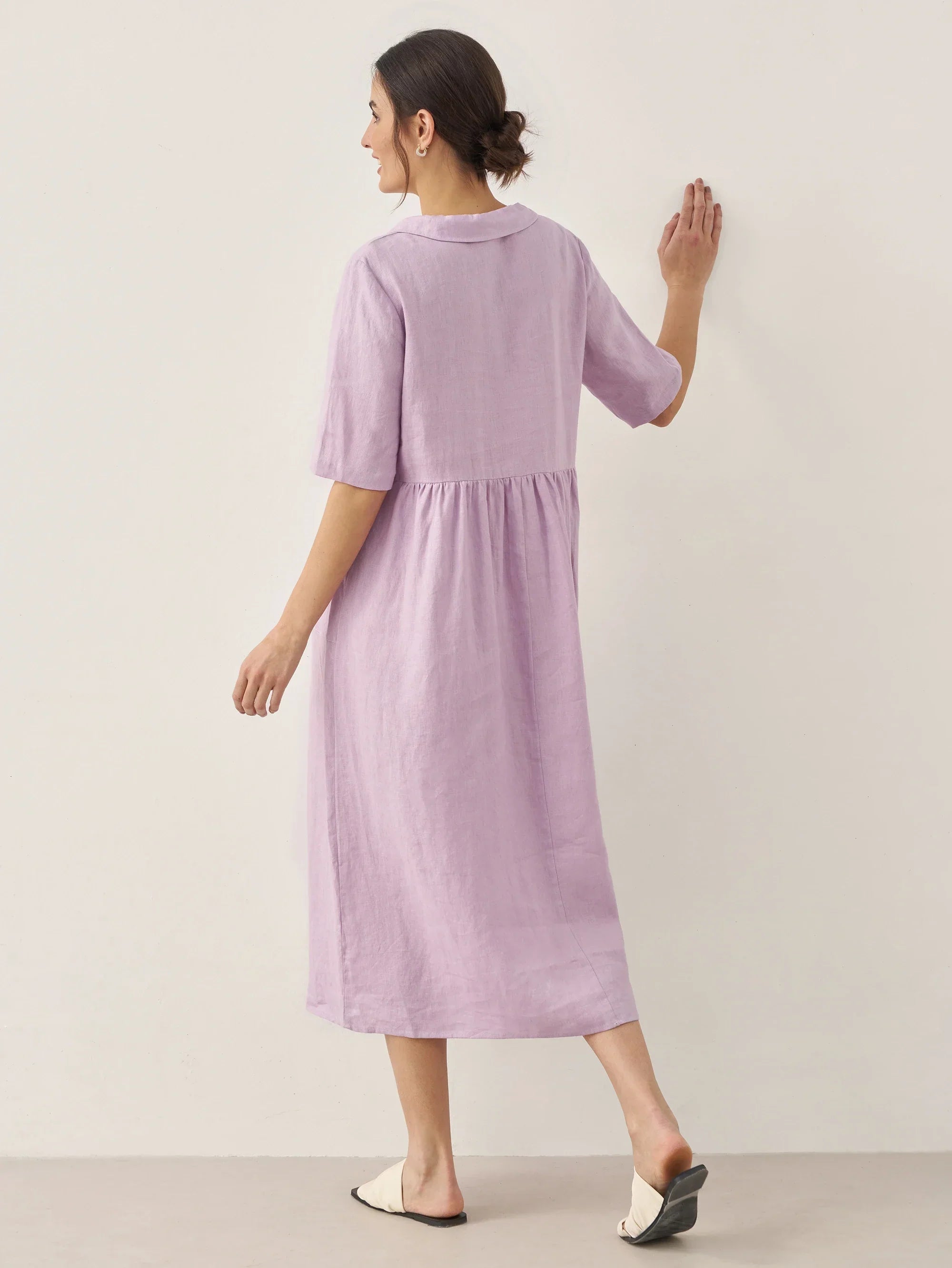 100% Linen Shawl V-Neck Pleated Maxi Dress - DRESSES-Linen
