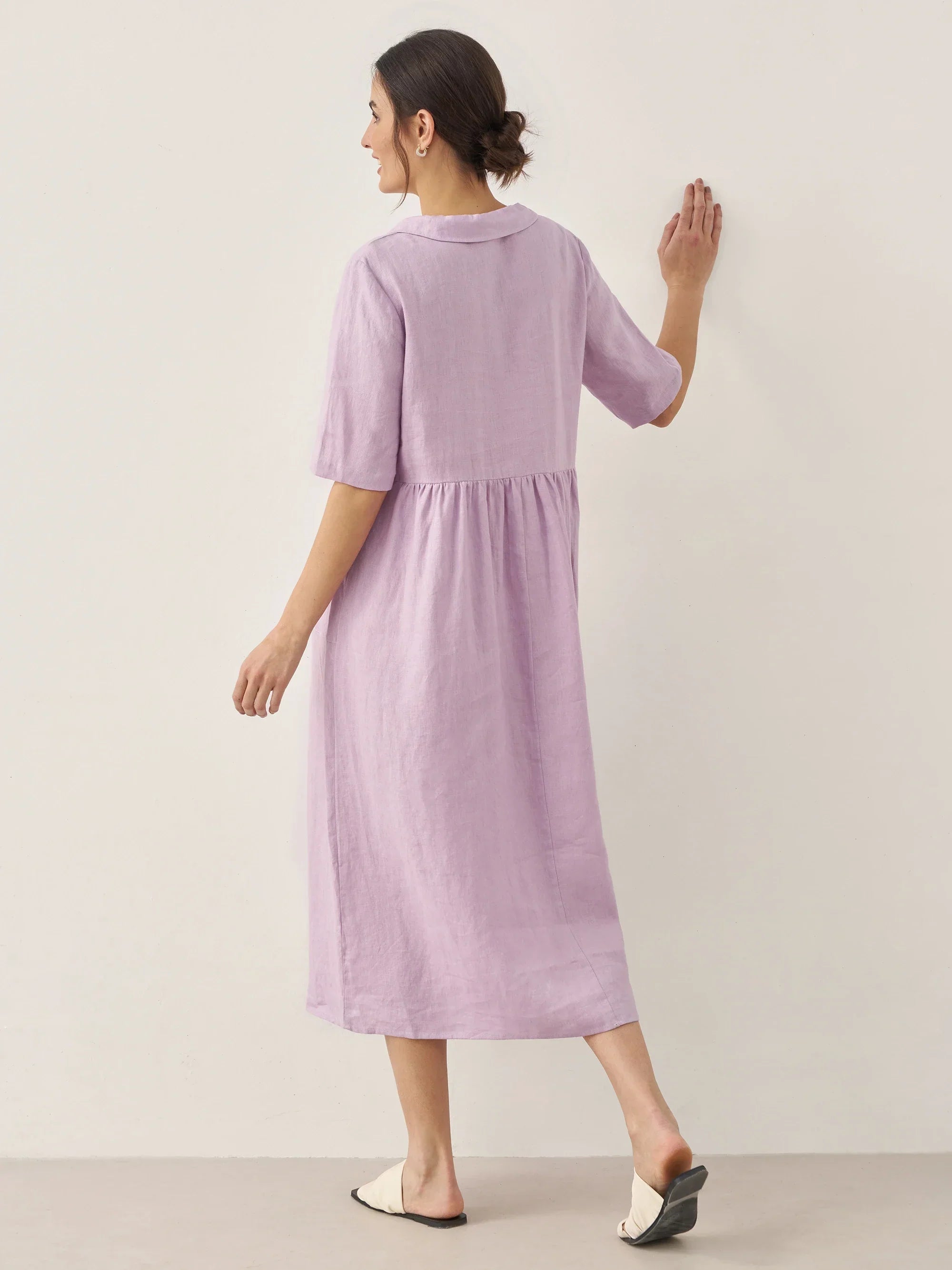100% Linen Shawl V-Neck Pleated Maxi Dress - DRESSES-Linen