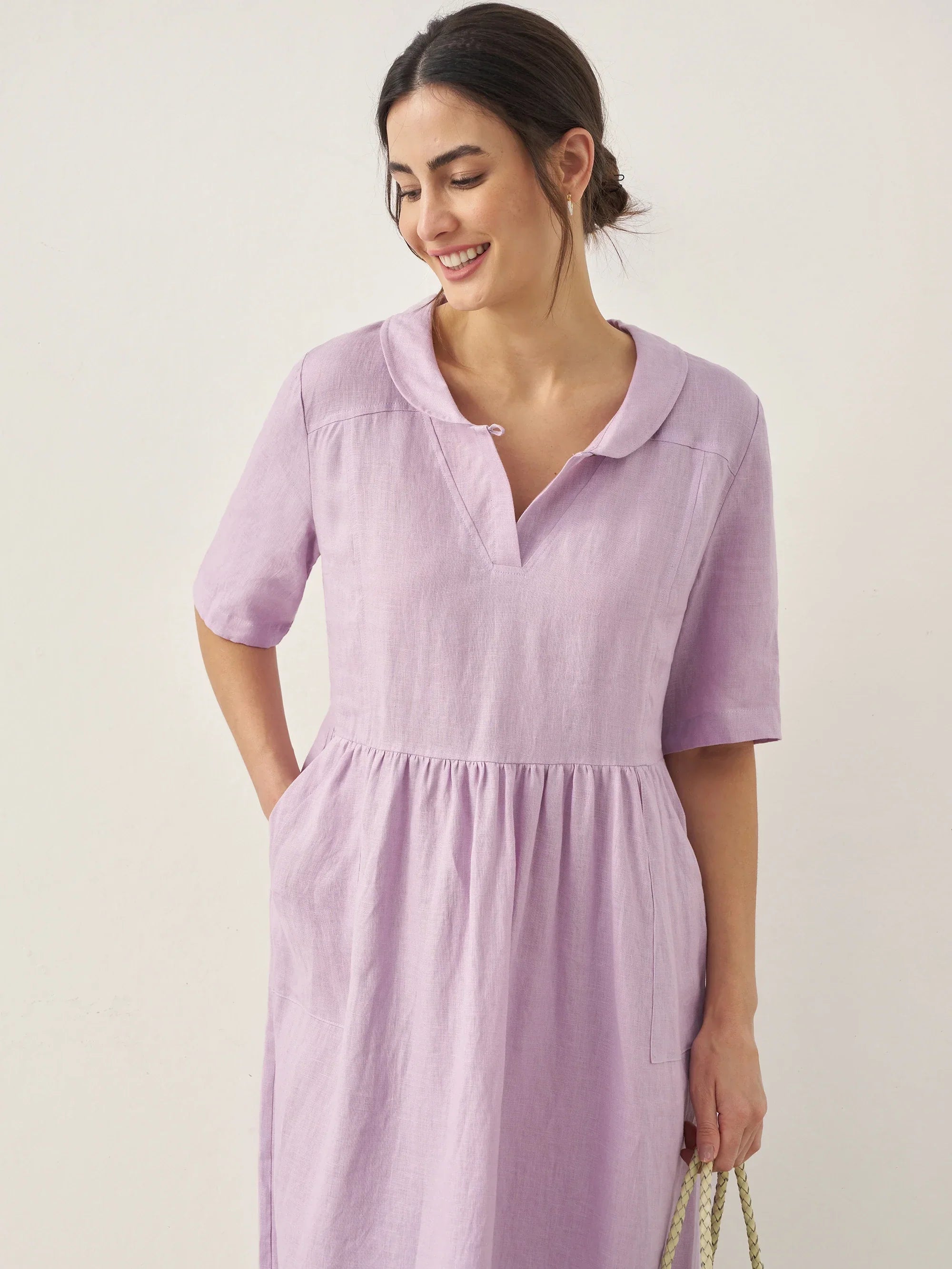 100% Linen Shawl V-Neck Pleated Maxi Dress - DRESSES-Linen