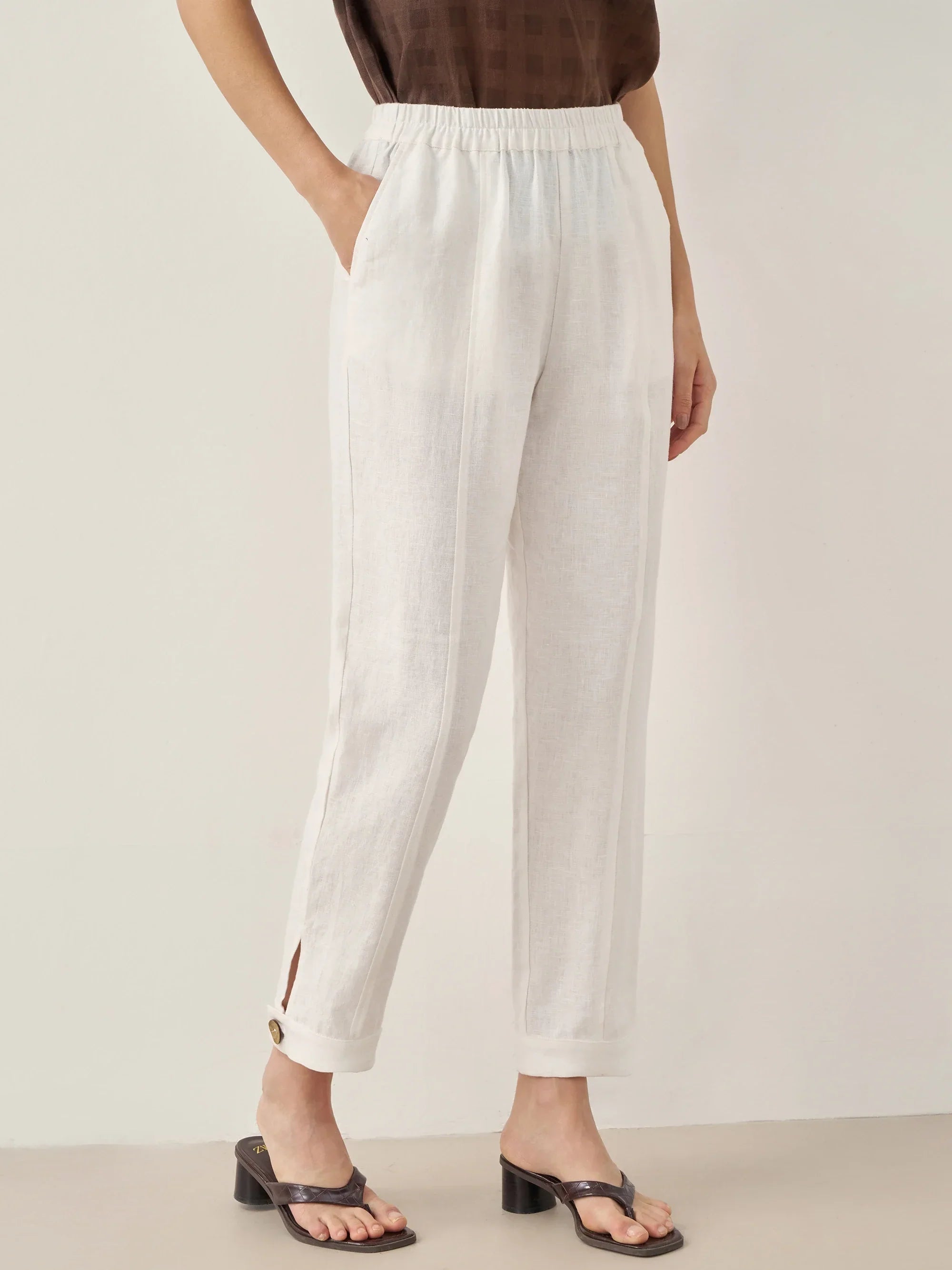 100% Linen Straight-Leg Pants with Elastic Waist - BOTTOMS-Linen