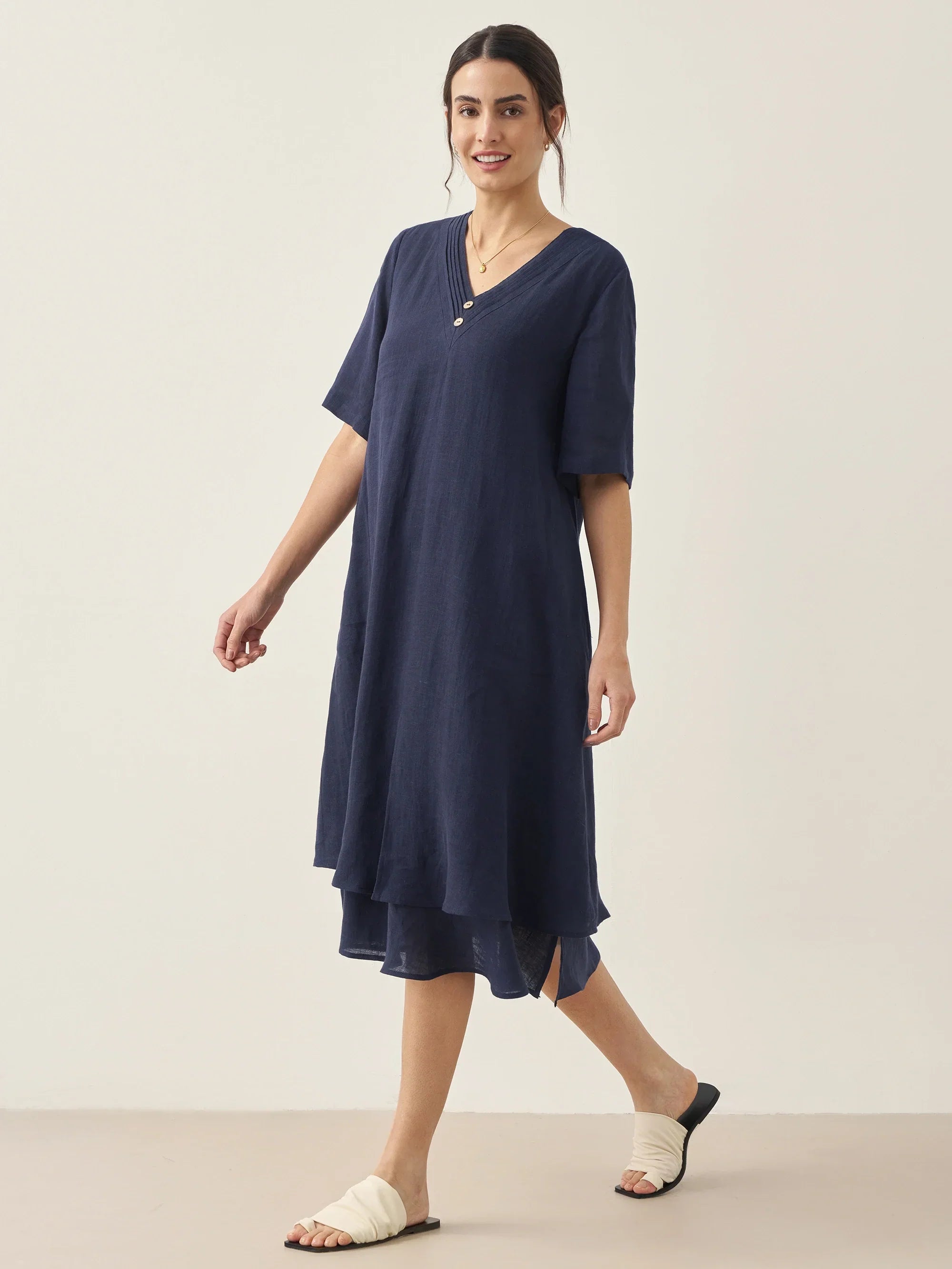 100% Linen V-Neck Double-Layer Midi Dress JAYDA - DRESSES-Linen