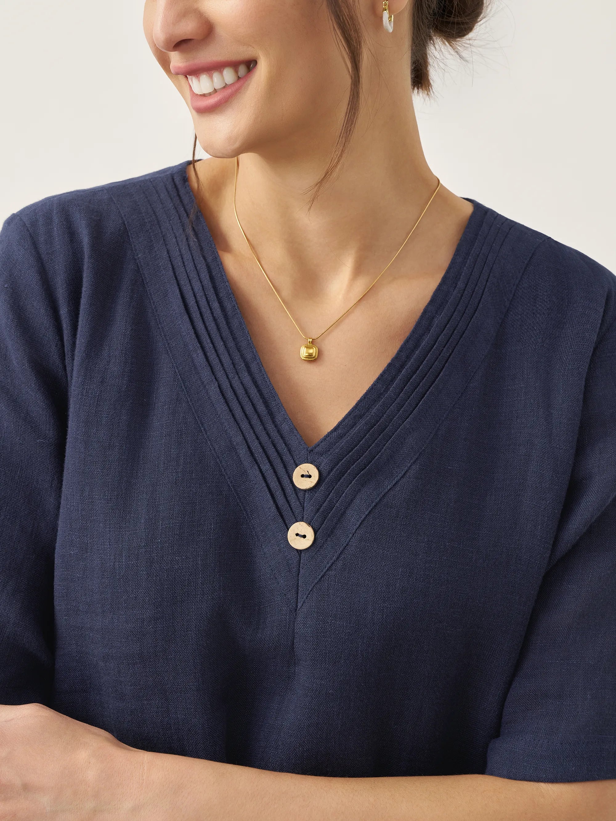 100% Linen V-Neck Double-Layer Midi Dress JAYDA - DRESSES-Linen