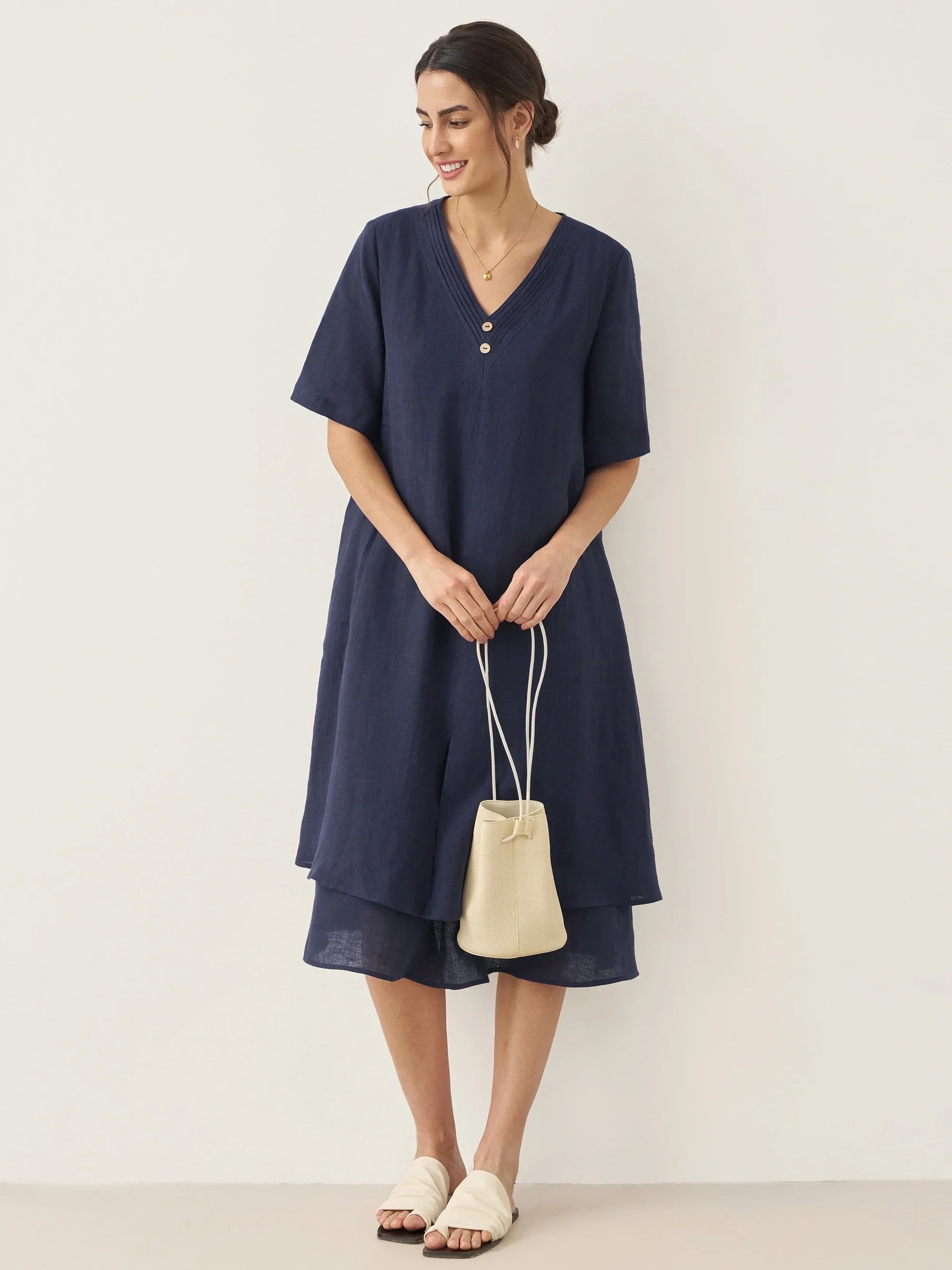 100% Linen V-Neck Double-Layer Midi Dress JAYDA - DRESSES-Linen