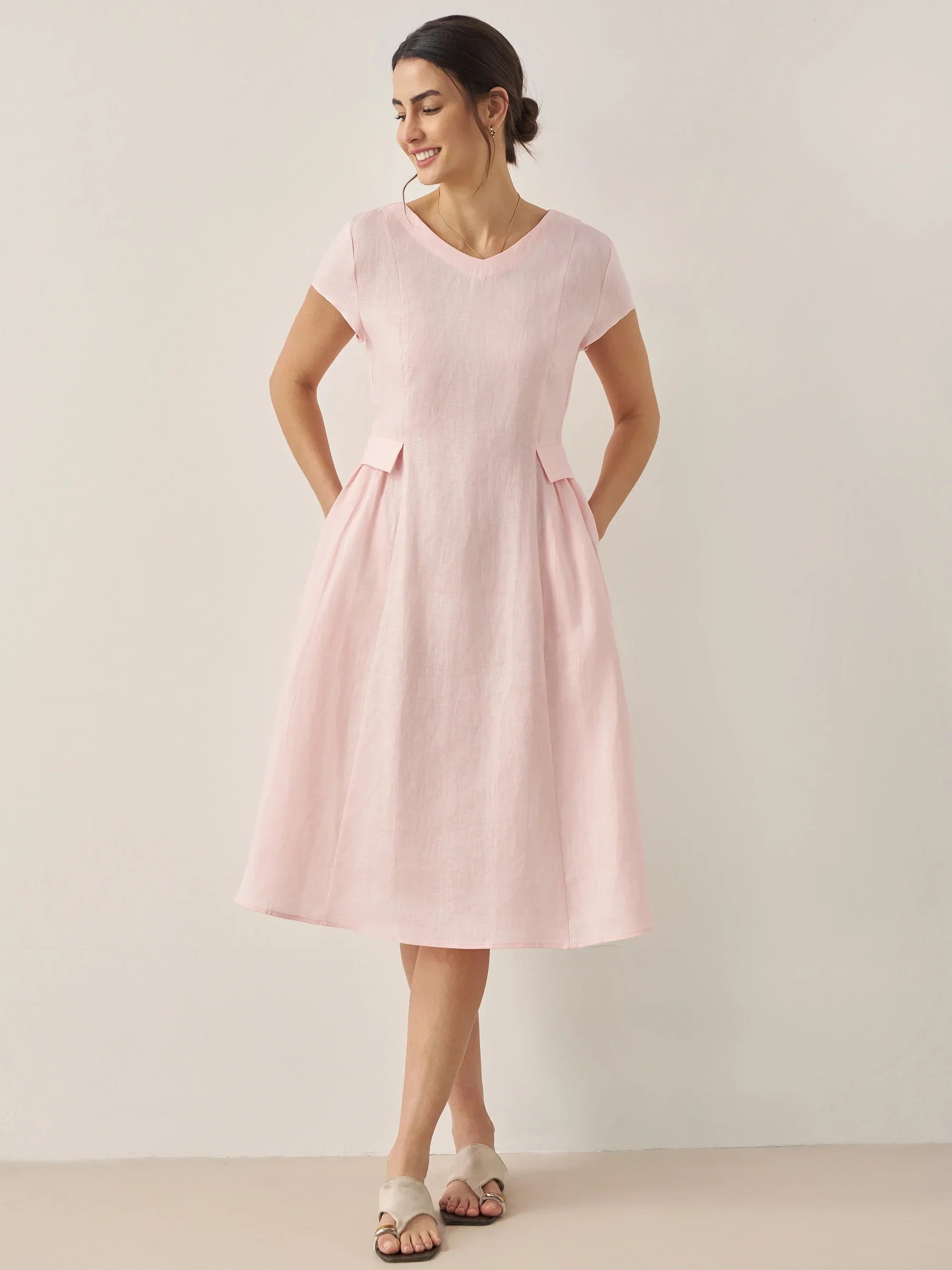 100% Linen Natural Summer V-Neck Dress - Dusty Rose / S - DRESSES-Linen Midi