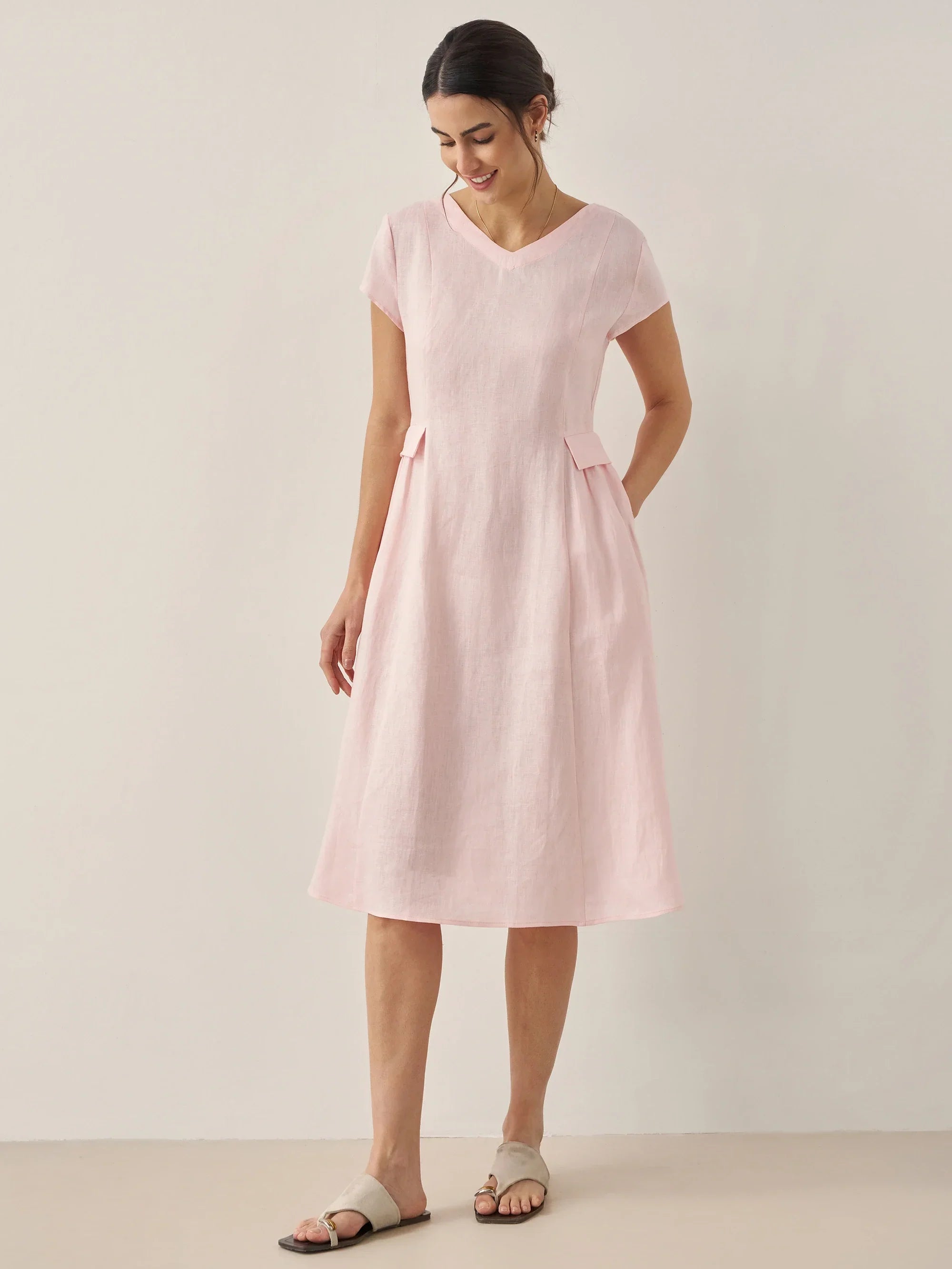 100% Linen Natural Summer V-Neck Dress - DRESSES-Linen Midi