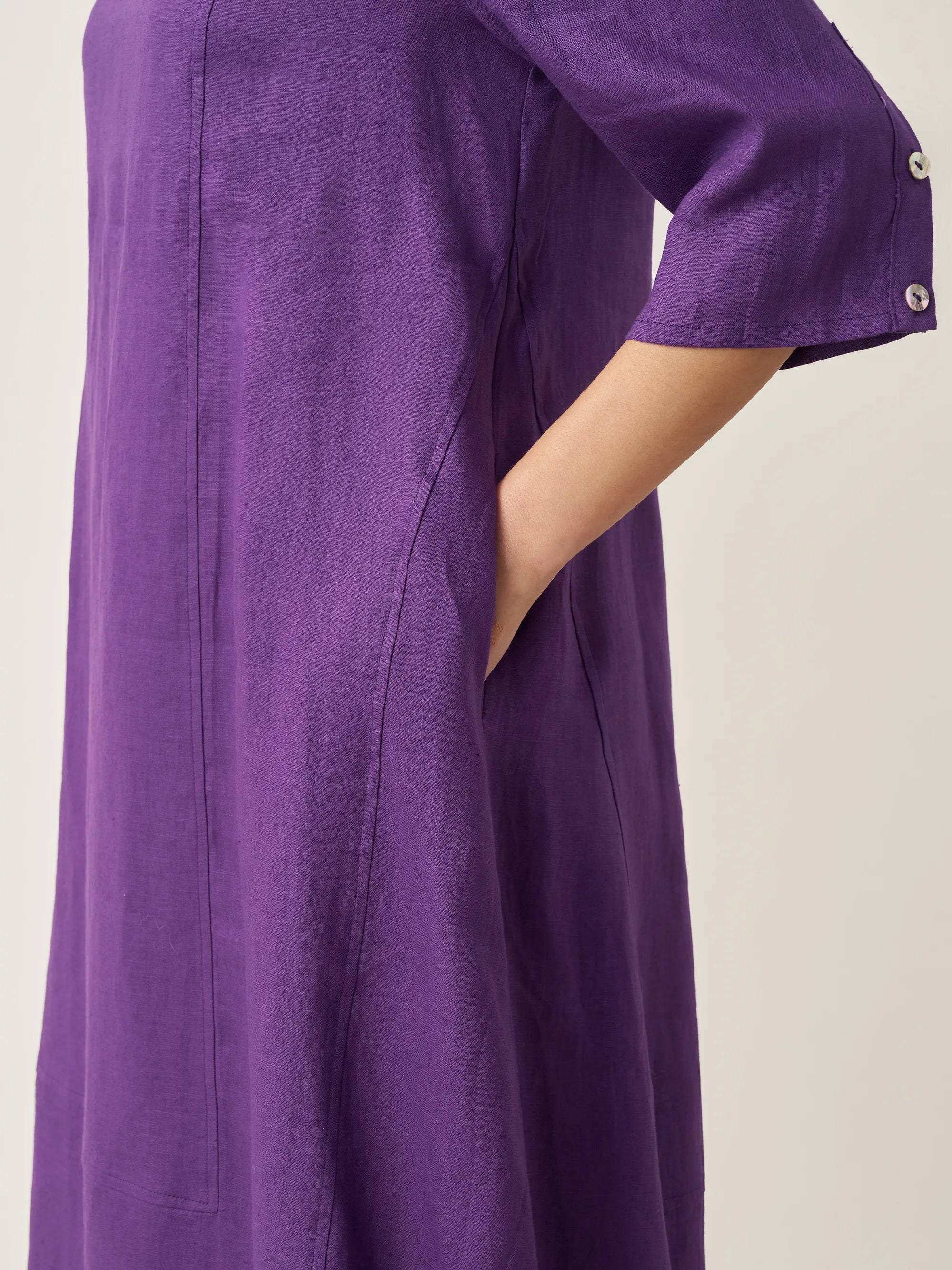 100% Linen Collarless Mid-Length Dress SOFIA - DRESSES-Linen Midi