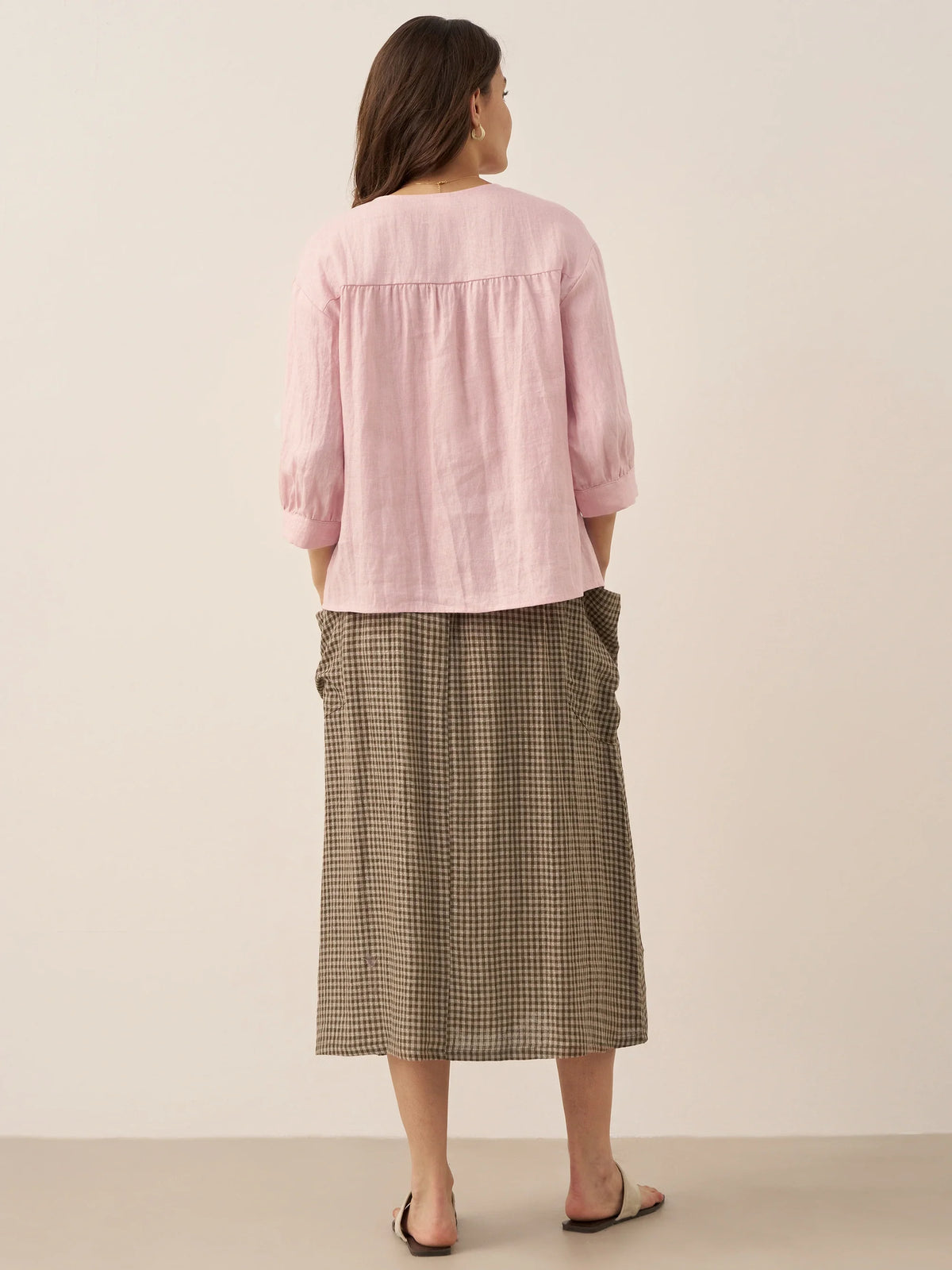 Linen Checked Elastic Waist Skirt MARINA by LINTICO for women