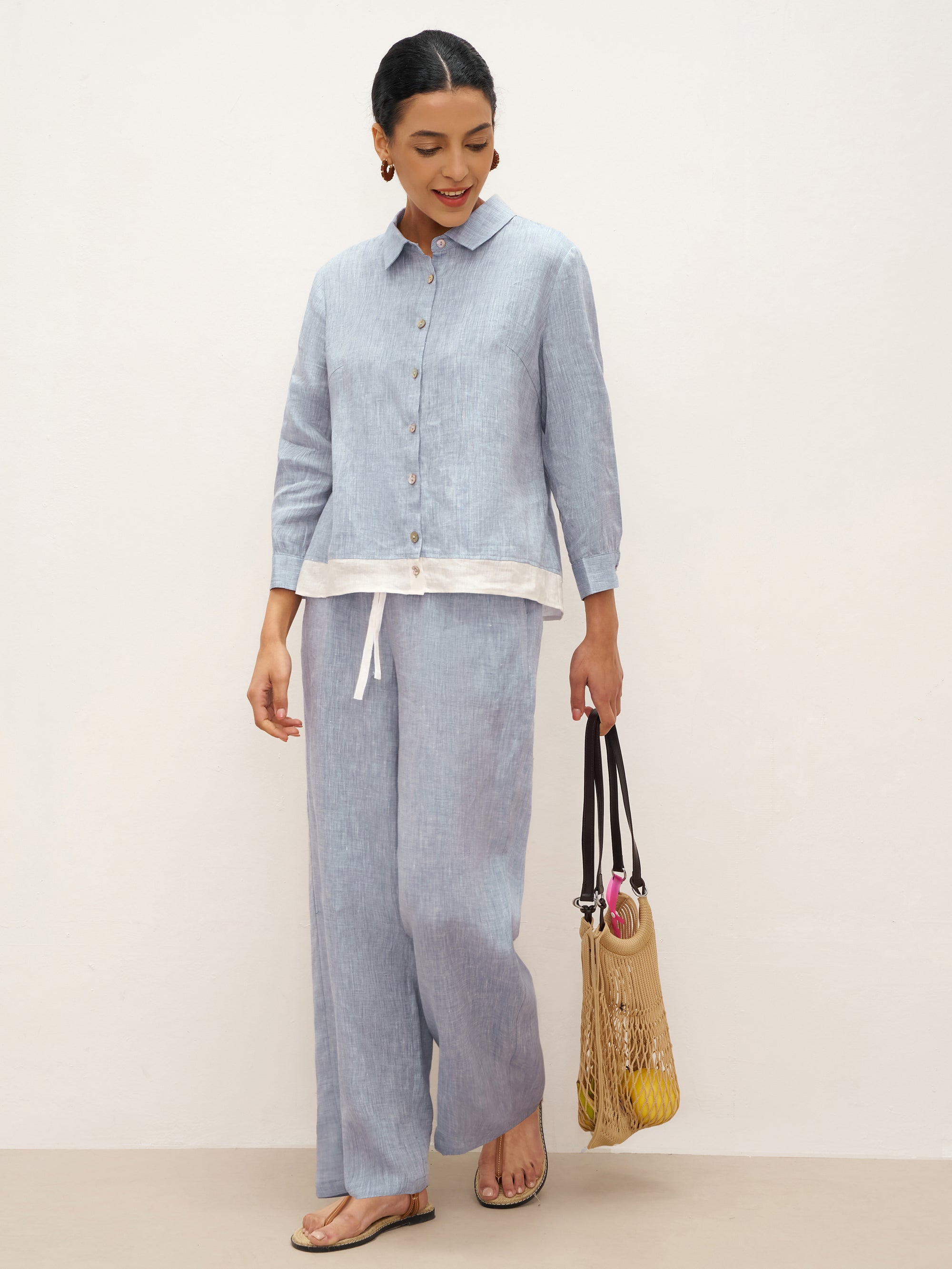 100% Linen Elastic Waist Straight-Leg Trousers JOURDAN - BOTTOMS-Linen Pants