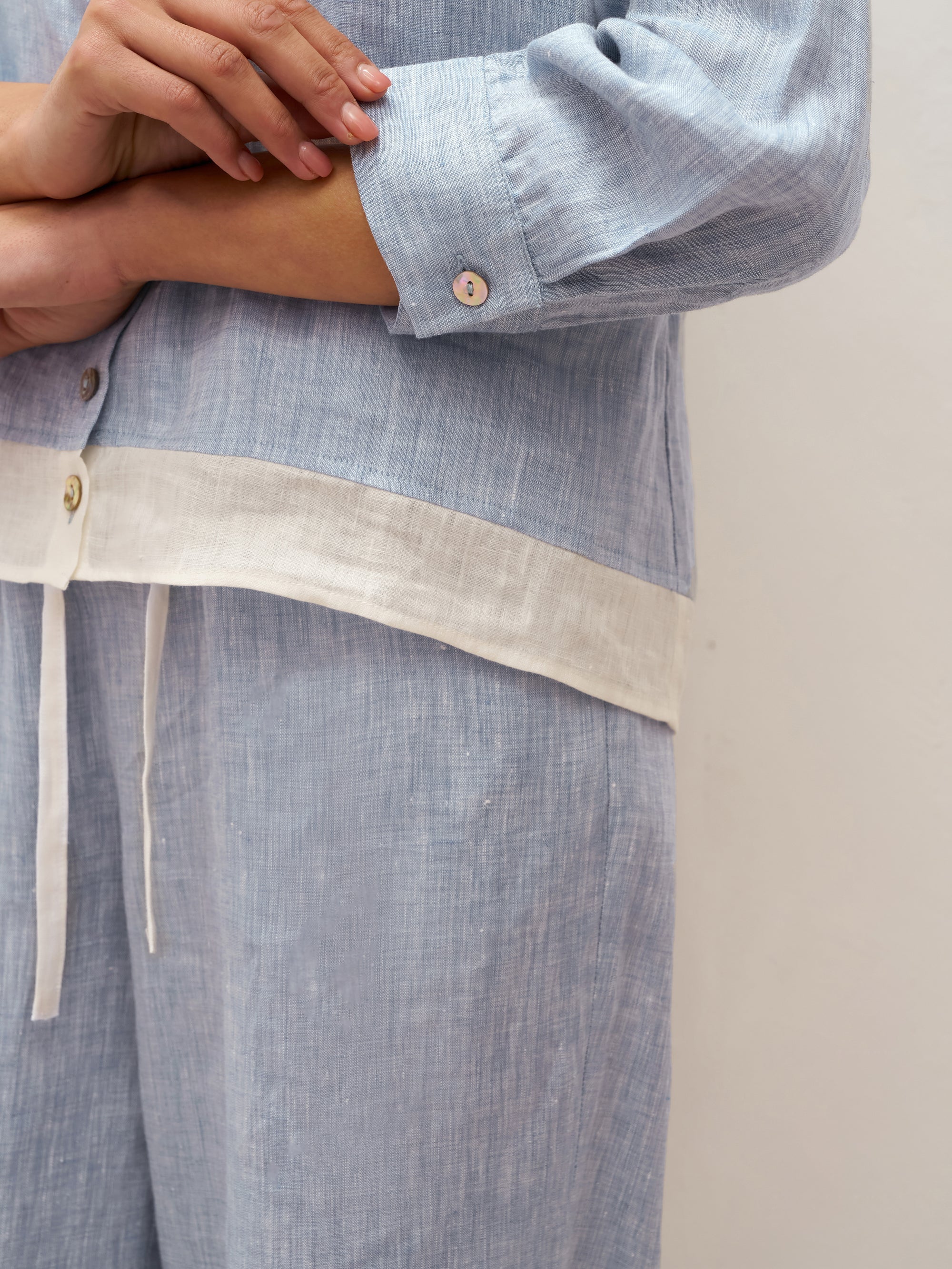 100% Linen Buttoned Closure Color-Blocked Shirt JANICE - TOPS-Linen Blouses