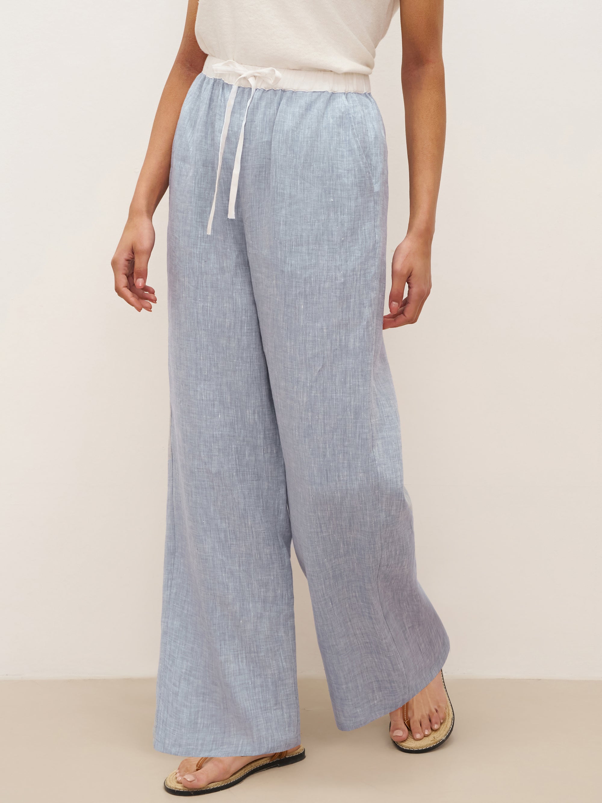 100% Linen Elastic Waist Straight-Leg Trousers JOURDAN - Light Denim Blue / S - BOTTOMS-Linen Pants