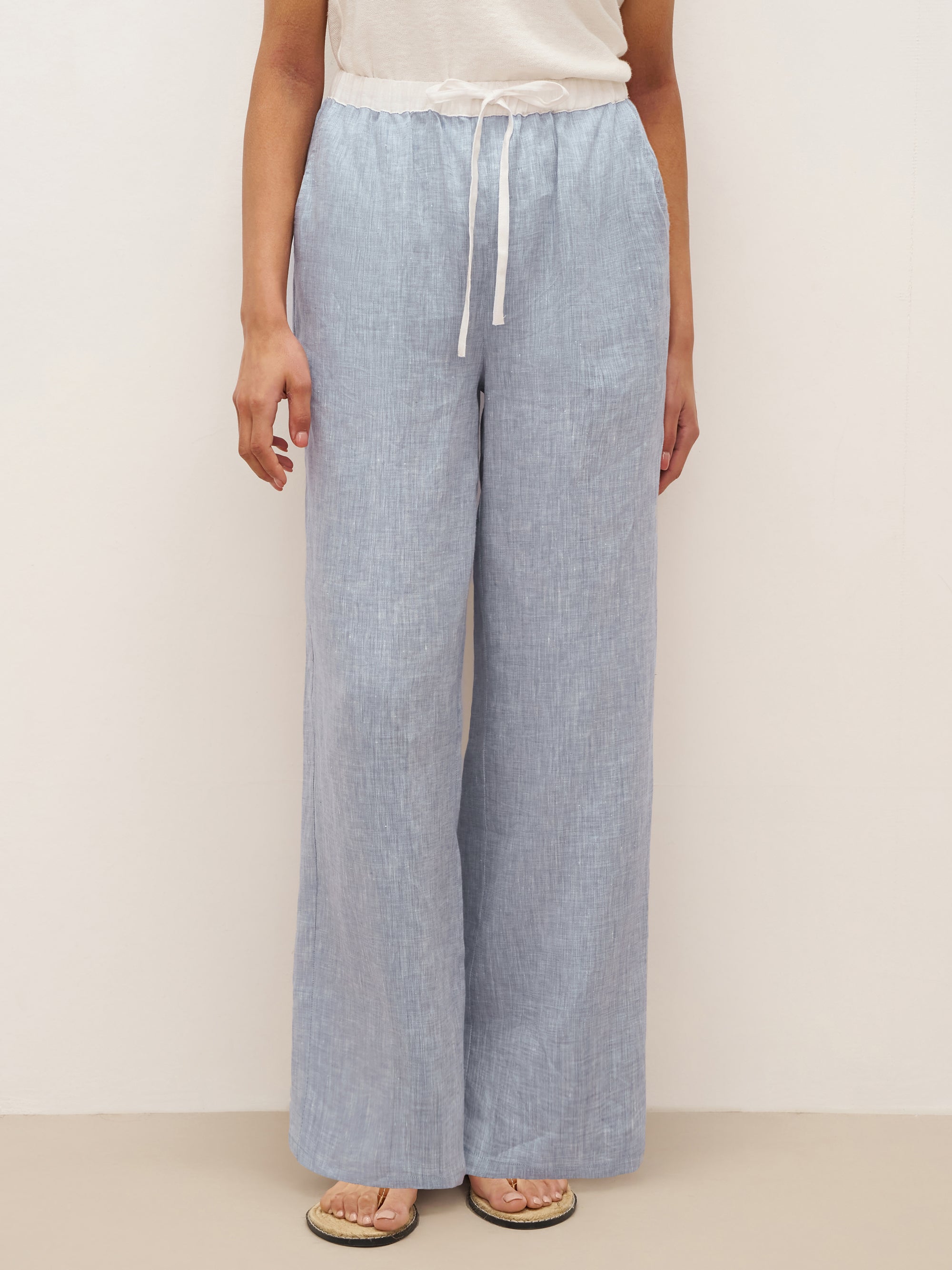100% Linen Elastic Waist Straight-Leg Trousers JOURDAN - BOTTOMS-Linen Pants