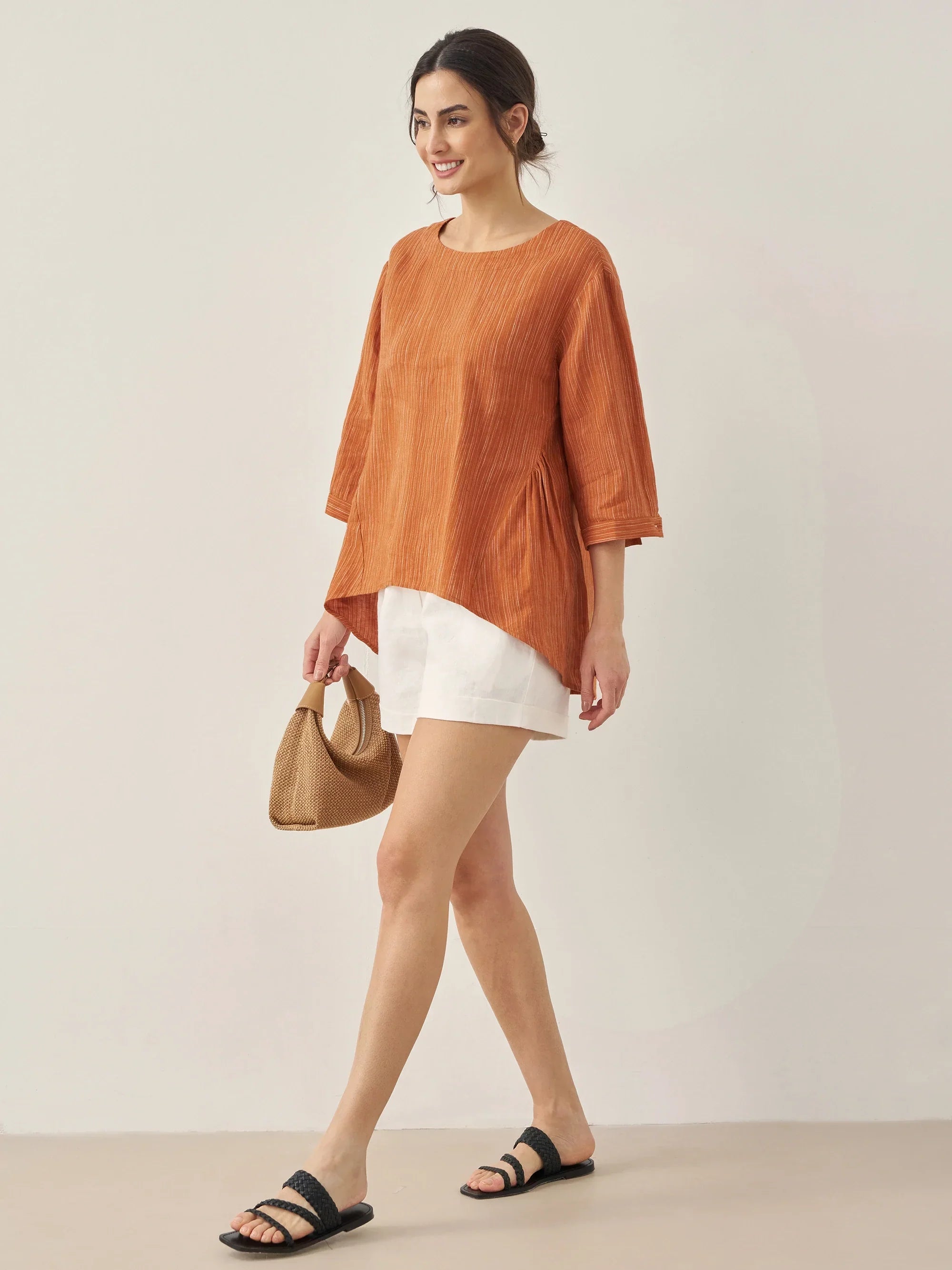 100% Linen Round Neck Artistic Stripe Top - TOPS-Linen Blouses