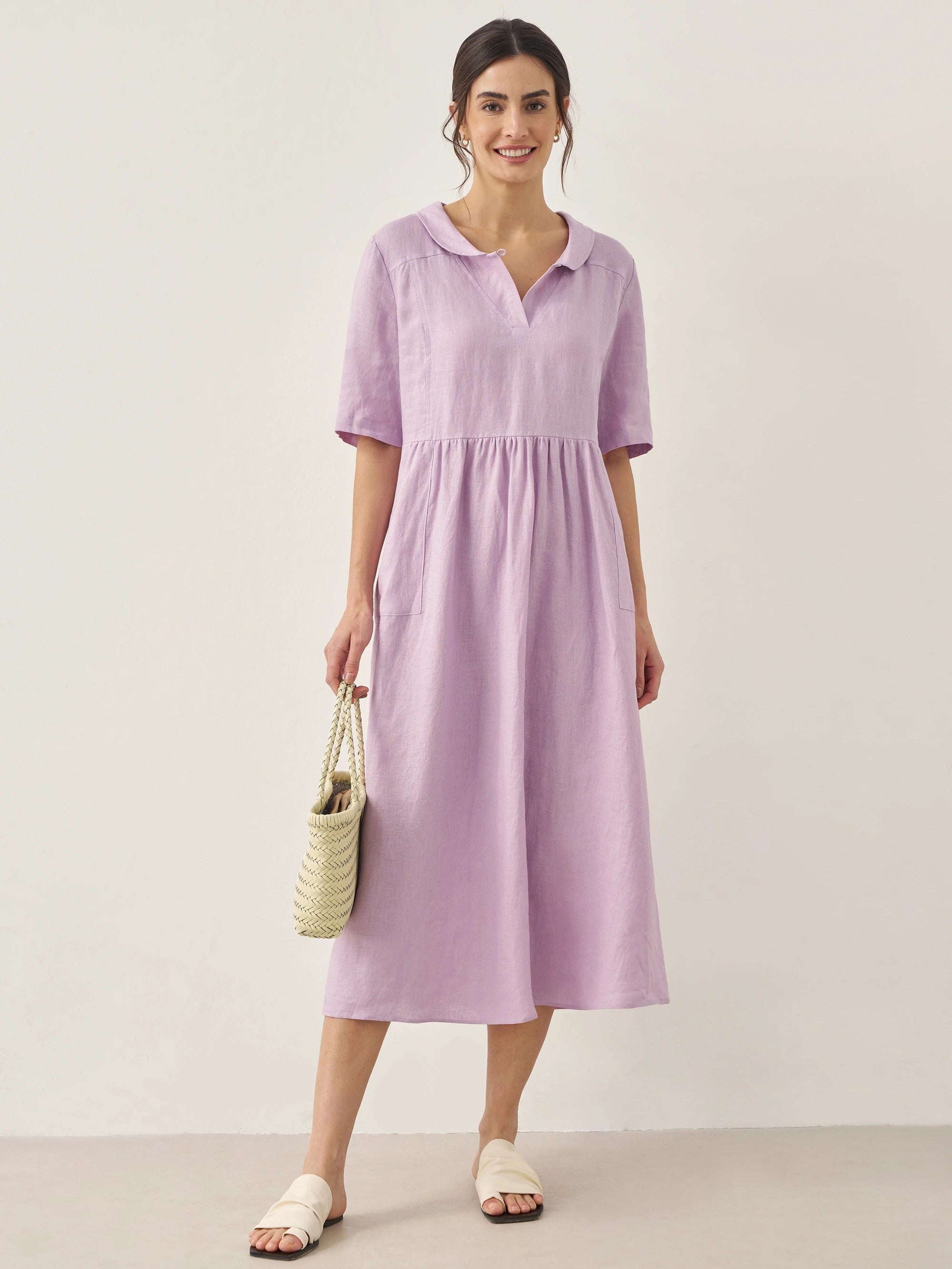 100% LINEN SHAWL V-NECK PLEATED MAXI DRESS